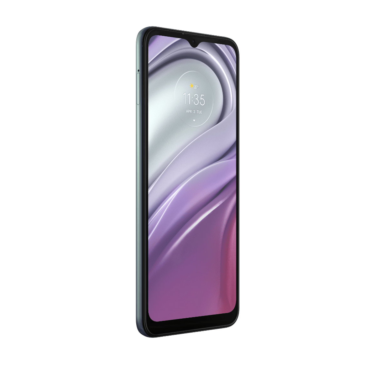 Grünliches Telefon zeigt Uhrzeit und Datum an. Anzeige zeigt lila und weißen Hintergrund.
