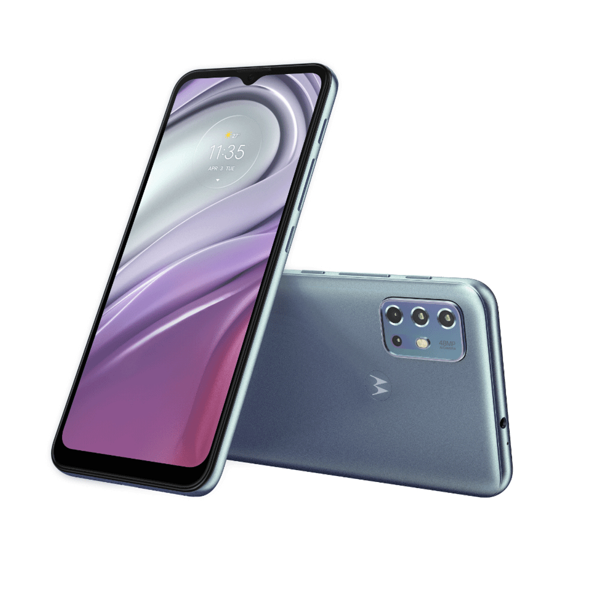 Zwei blaue Smartphones. Eines abgewinkelt, zeigt den Bildschirm mit Uhrzeit. Das andere flach, zeigt Kameras.
