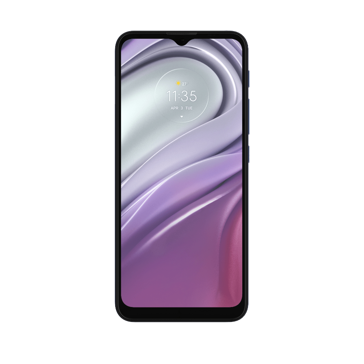 Ein schwarzes Smartphone mit lila Farbverlauf auf der Rückseite. Der Bildschirm zeigt Uhrzeit und Datum vor hellem Hintergrund.