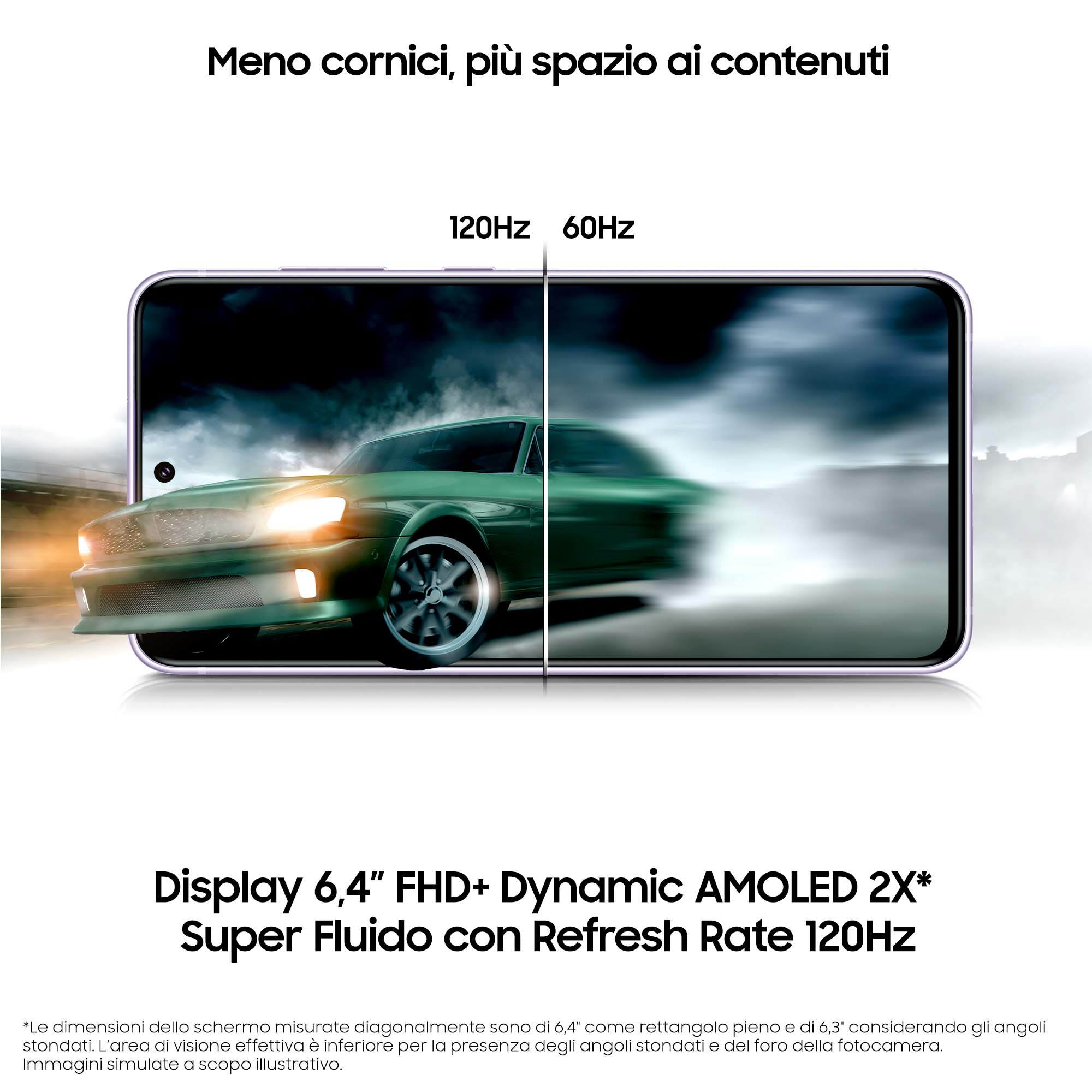 Ekran telefonu pokazuje wyścig samochodowy, tekst o funkcjach wyświetlacza.