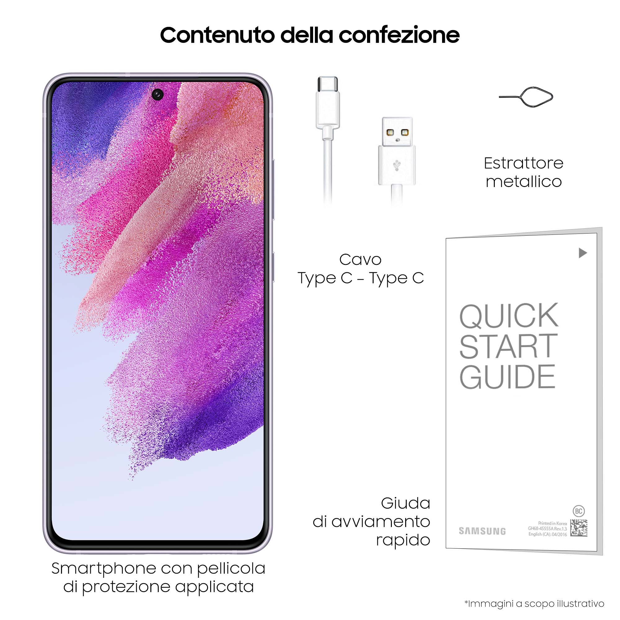 Ekran telefonu wyświetla kolorowy obraz. Akcesoria takie jak kabel ładujący i instrukcja są w pobliżu.