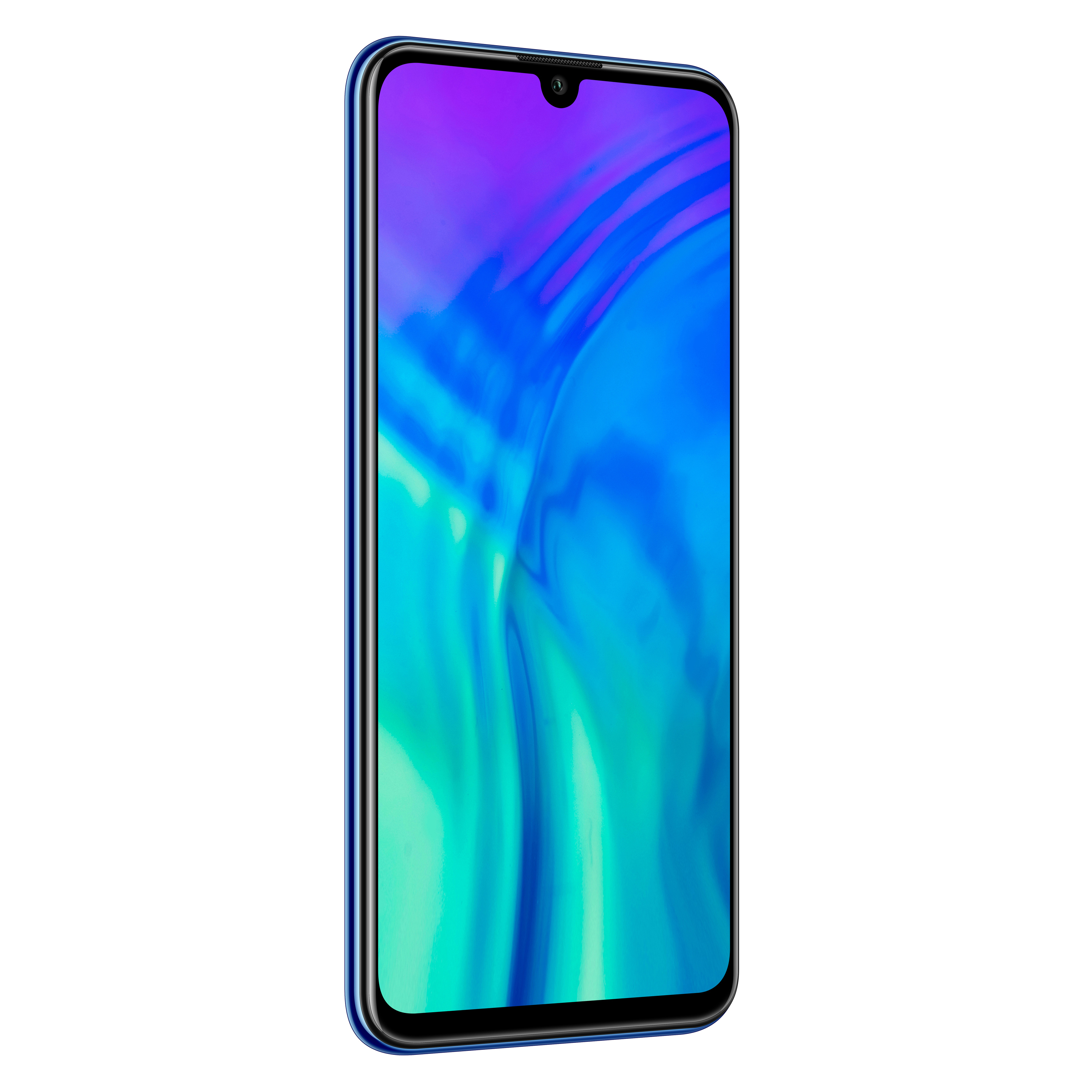 Un teléfono azul con pantalla. El teléfono está inclinado hacia un lado, aislado sobre un fondo blanco.