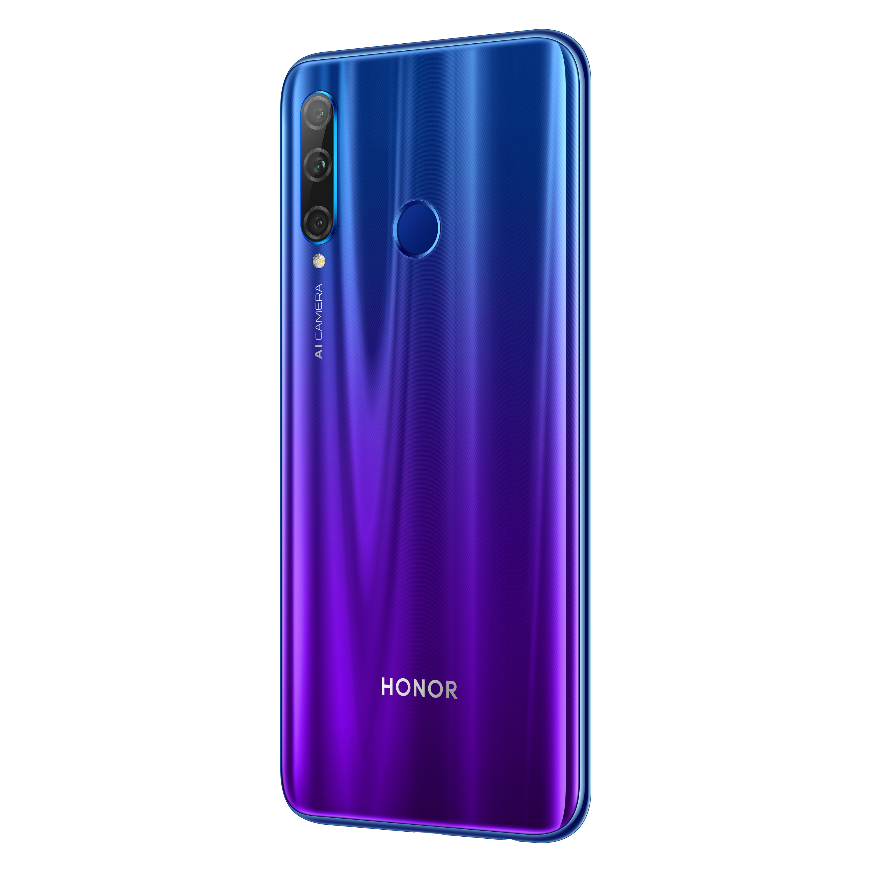 La parte trasera de un smartphone con degradado azul y morado, con tres cámaras y la palabra HONOR.