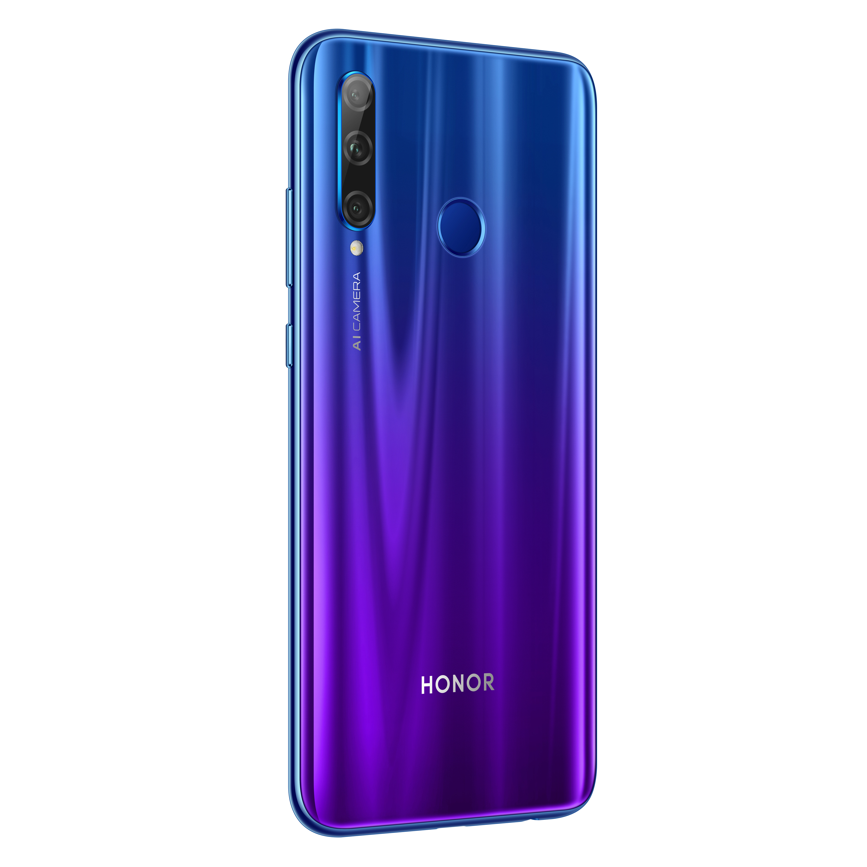 Teléfono con degradado azul-morado. Triple cámara, sensor de huellas y logo Honor.