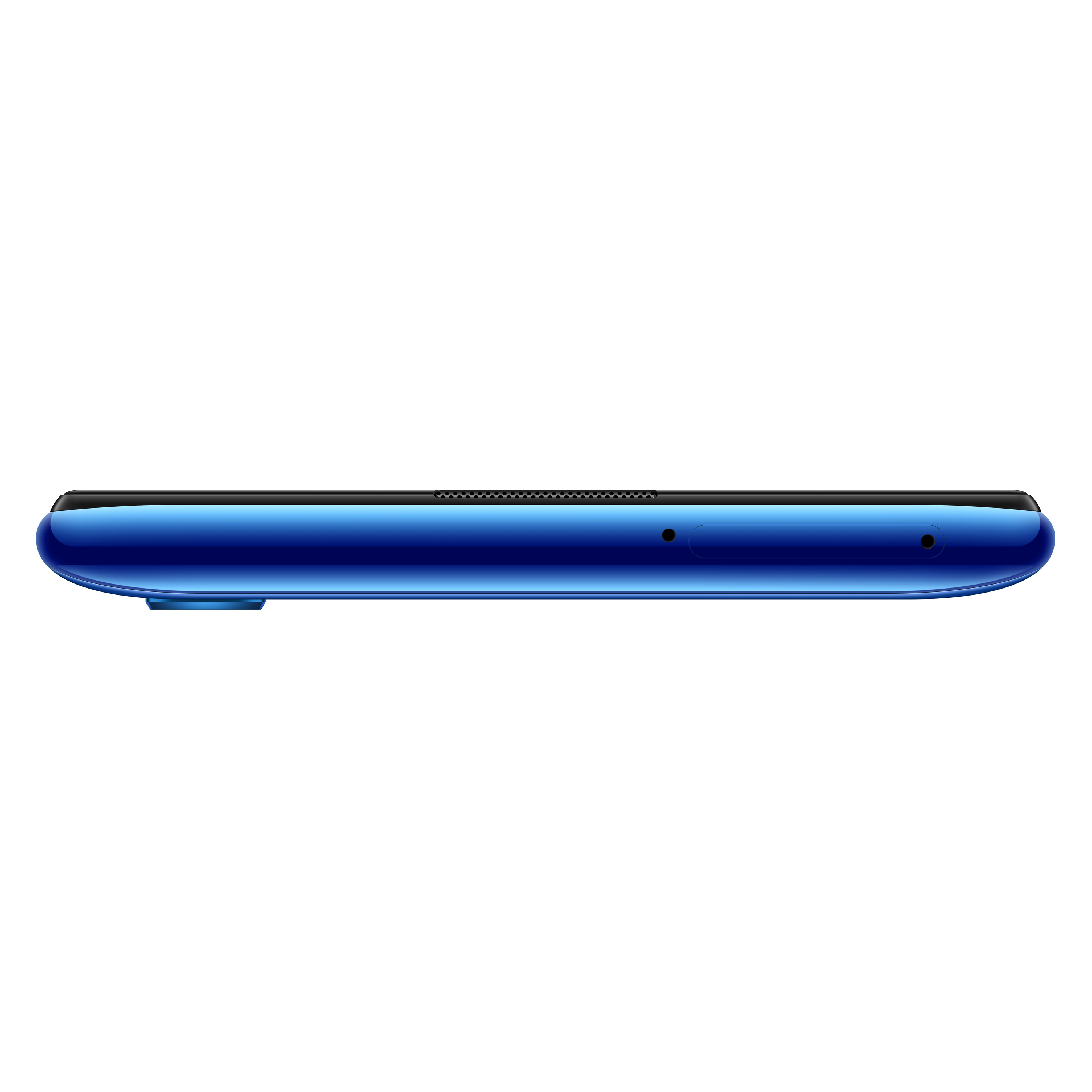 Vista lateral de un teléfono azul que muestra botones de volumen y otras funciones.