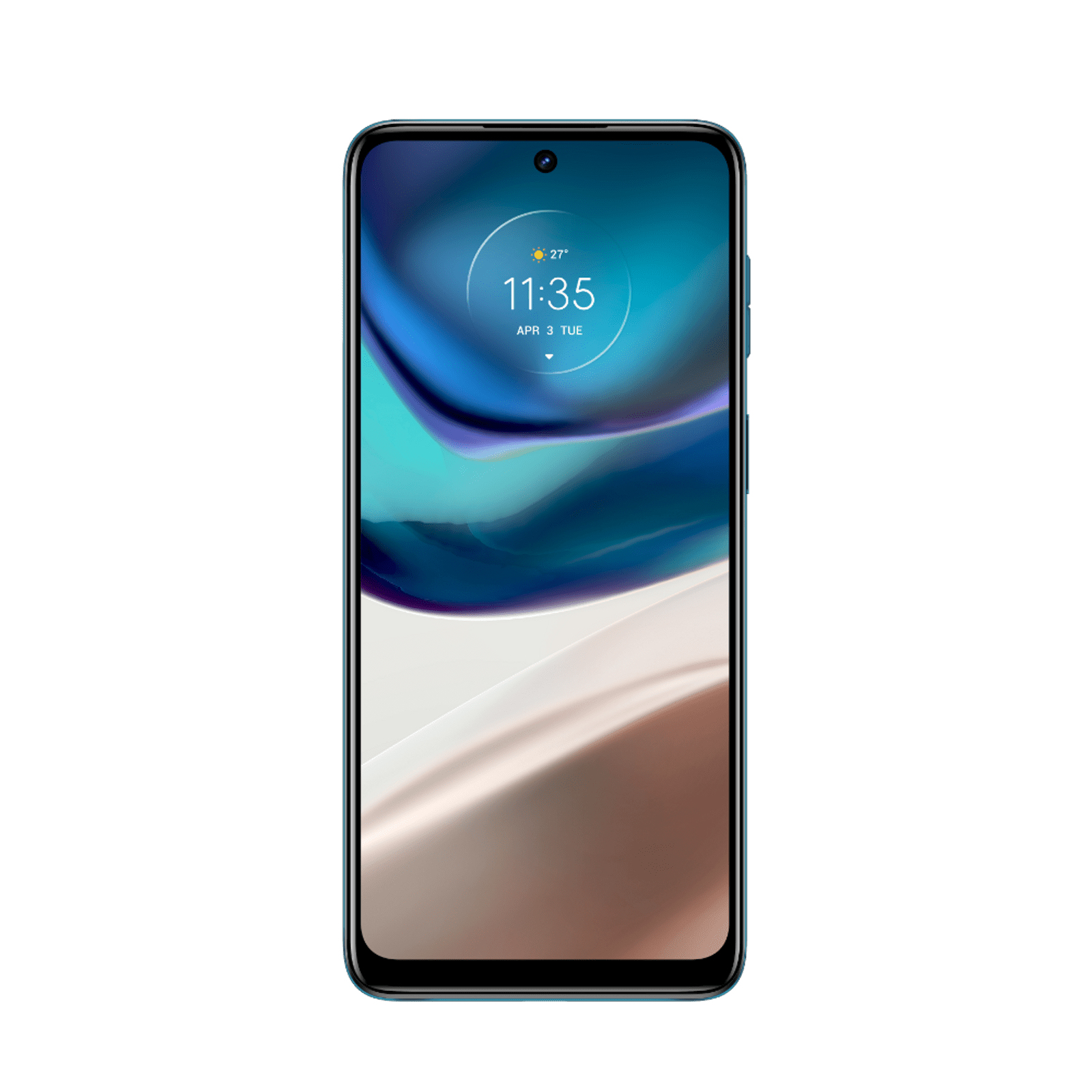 Smartphone su sfondo bianco. Lo schermo mostra un orologio e un design blu.