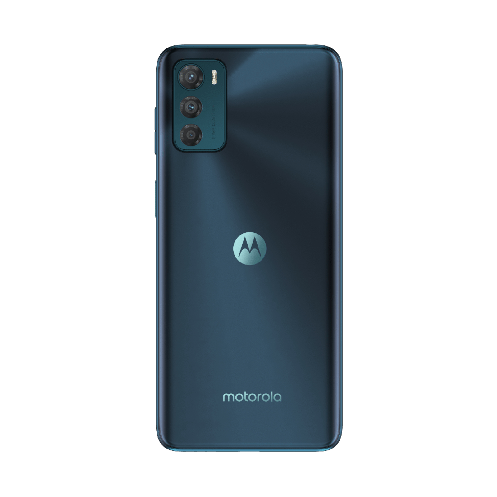 Vista posteriore smartphone, colore blu scuro. Logo Motorola e lenti fotocamera visibili.