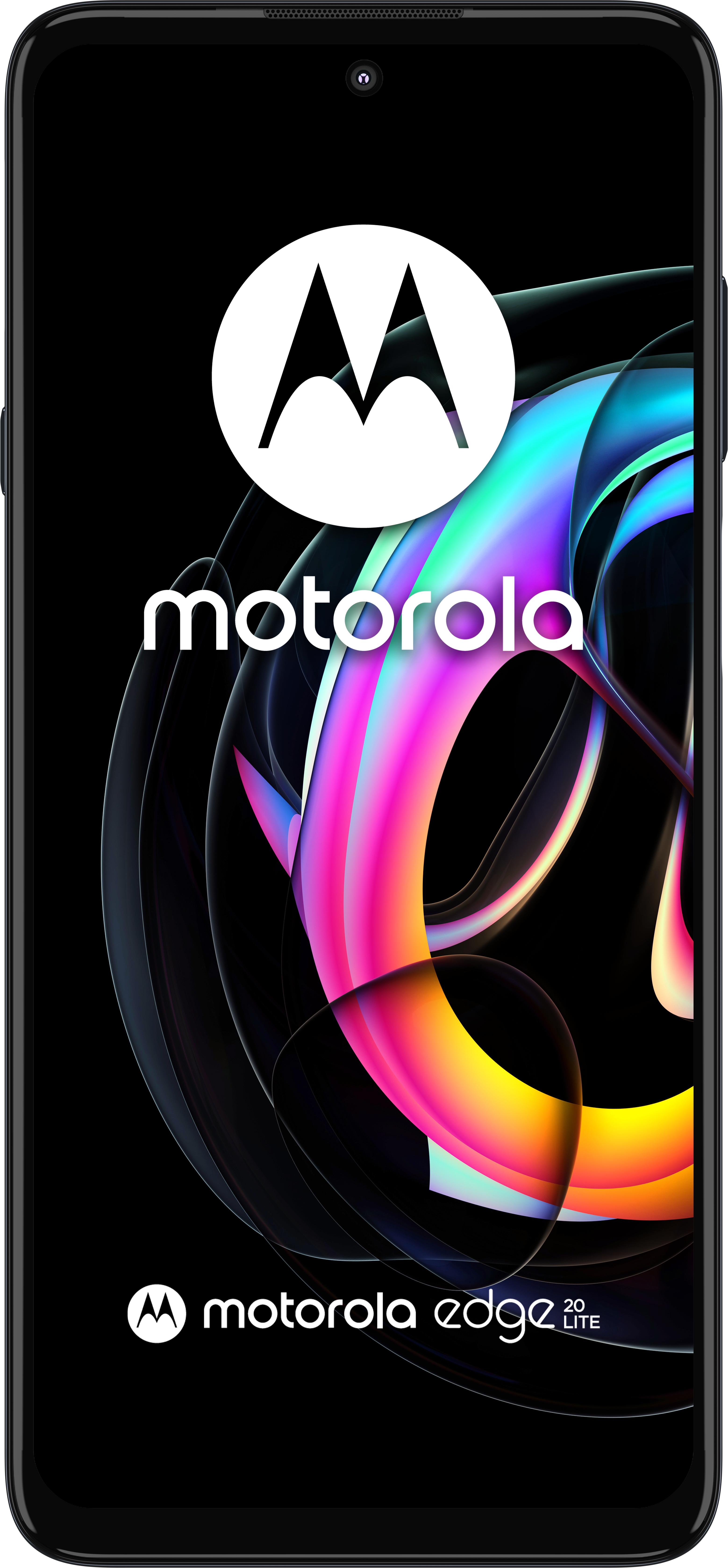 Telefon Motorola Edge 20 Lite na czarnym tle, pokazujący ekran z logo.