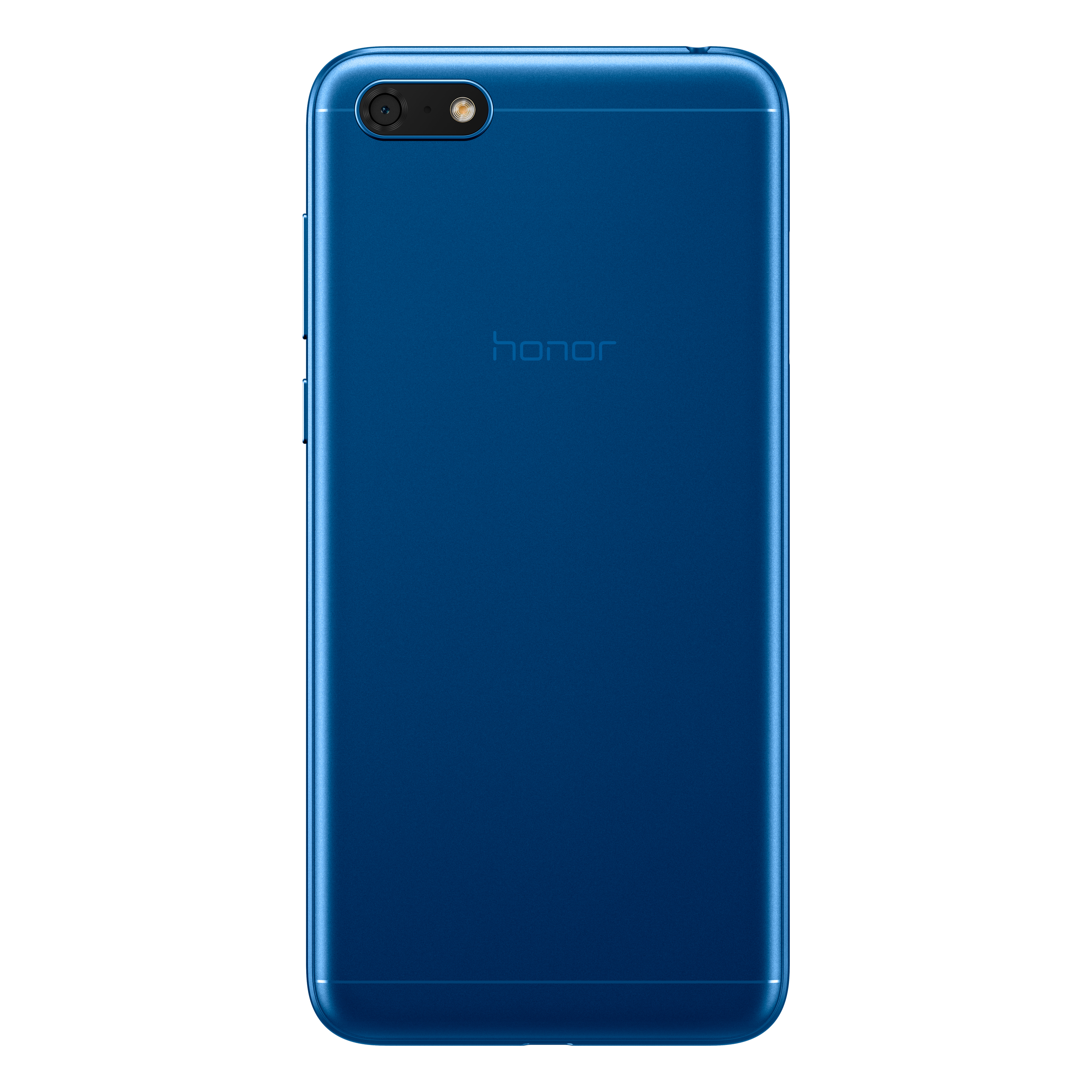 Blaue Honor-Smartphone-Rückseite. Kamera und Text 'honor'. Isoliert auf weißem Hintergrund.