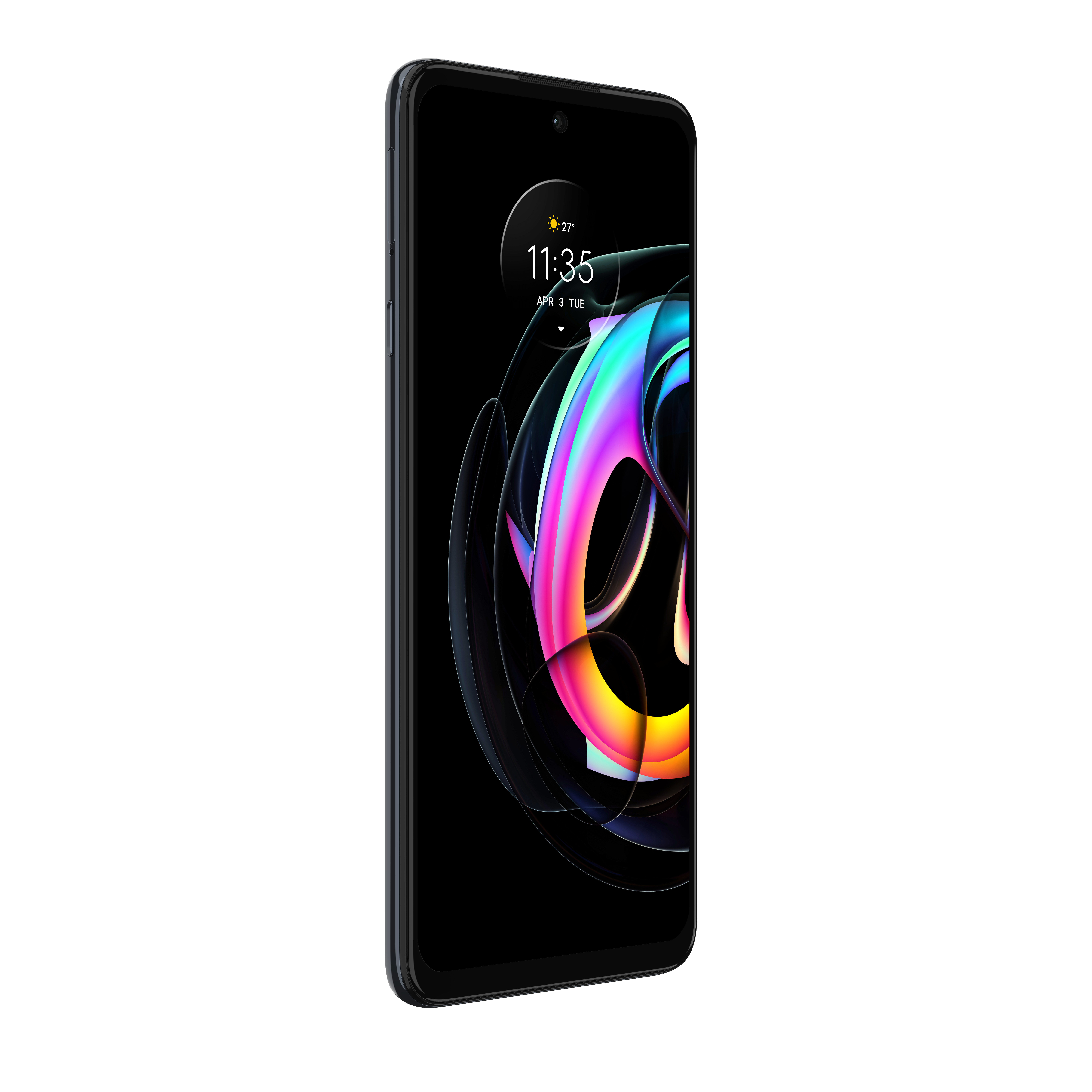 Smartfon z zakrzywionym ekranem, pokazujący kolorową, abstrakcyjną tapetę z ciemnym tłem.