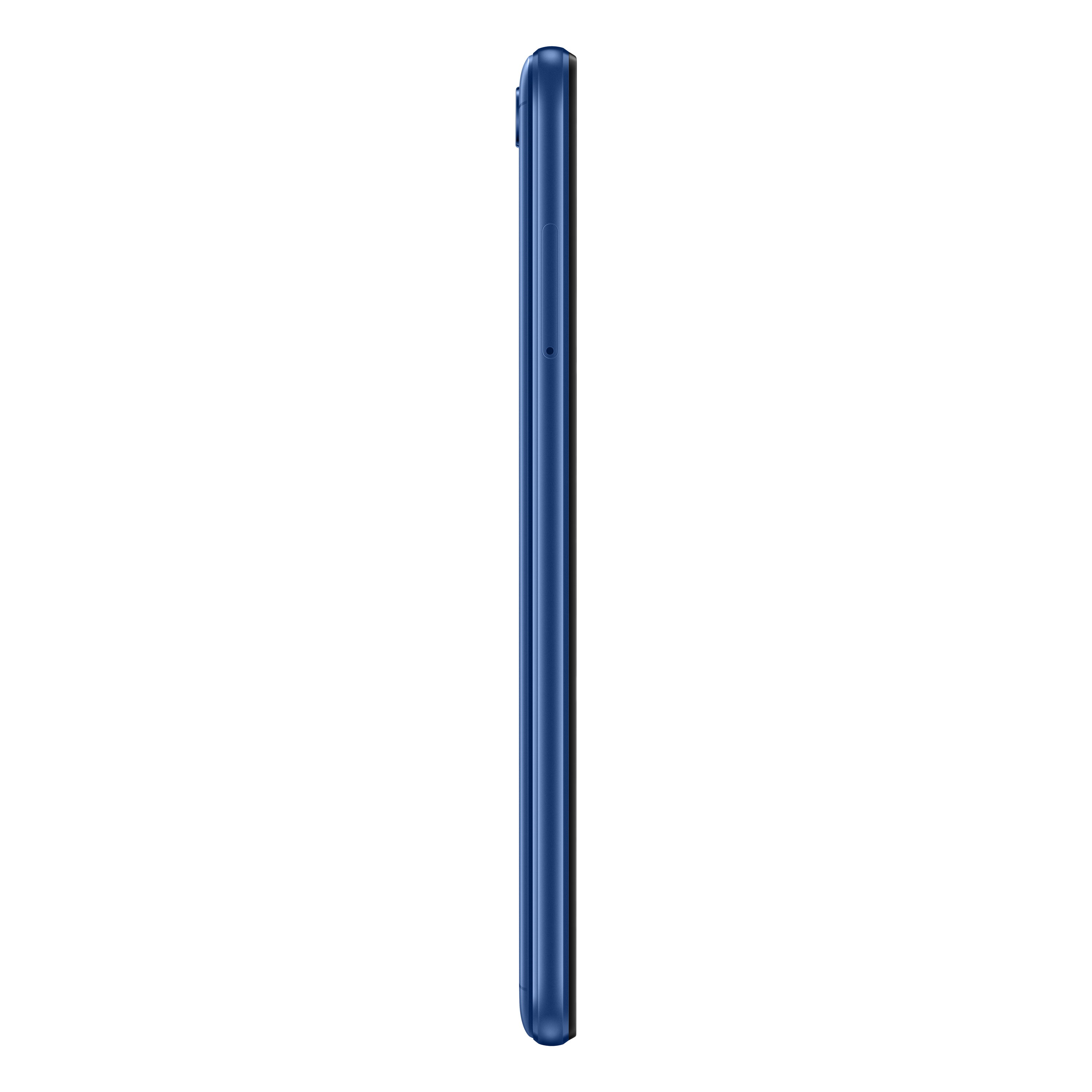 Seitenansicht eines blauen Telefons. Schlankes Design, mit Knöpfen und einem SIM-Fach sichtbar.