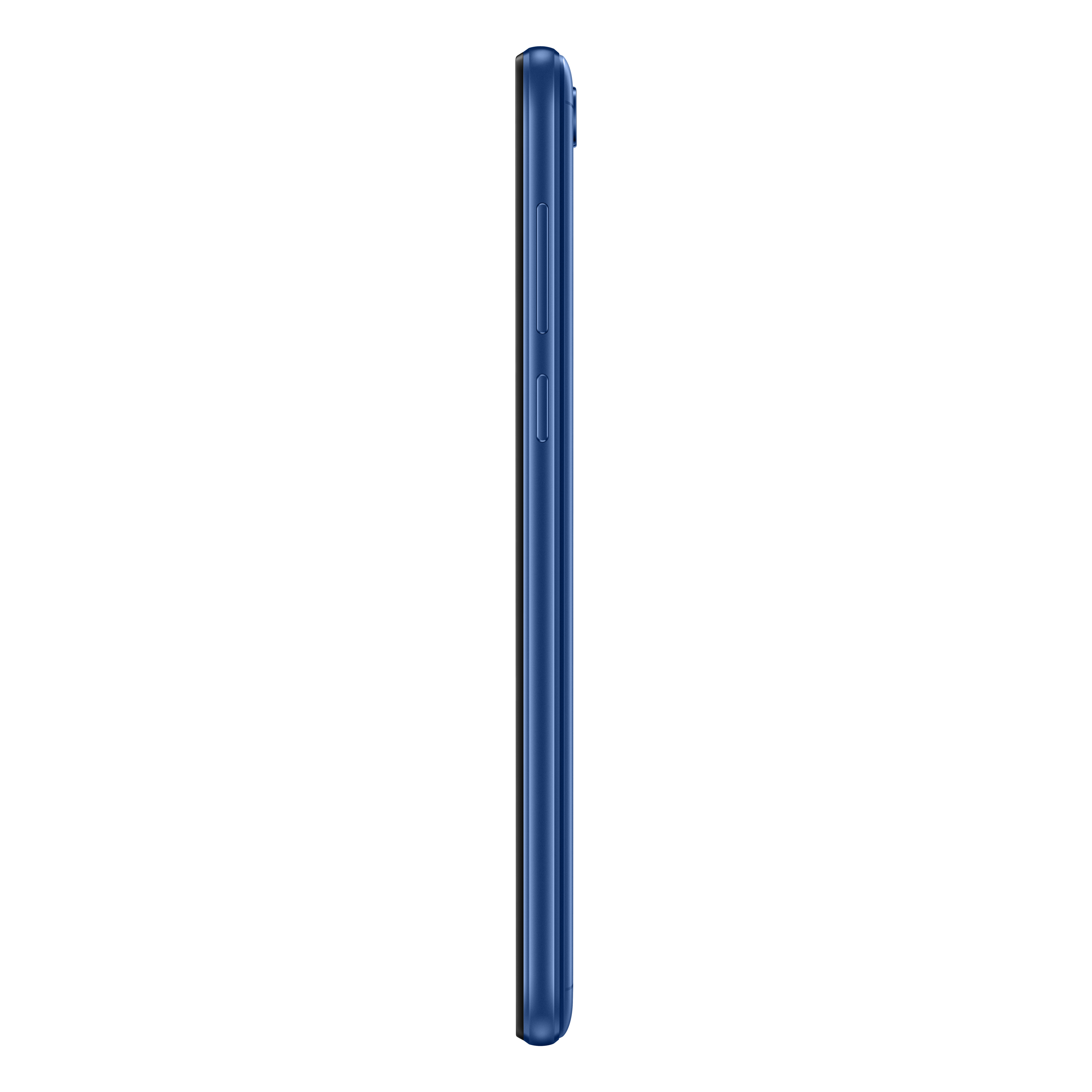 Seitenansicht eines blauen Smartphones mit Tasten und schlankem Profil vor weißem Hintergrund.