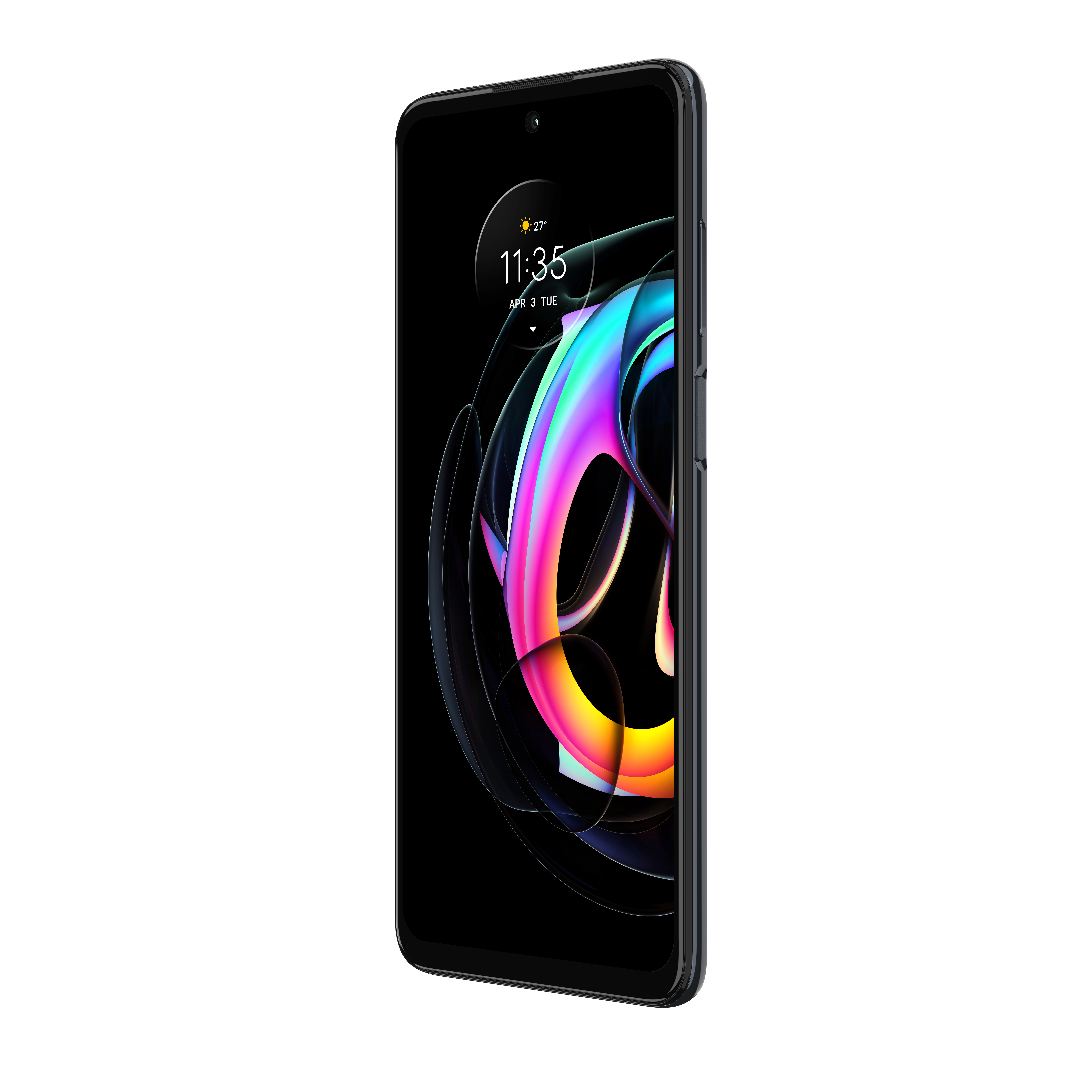 Smartfon z kolorowym abstrakcyjnym wzorem. Telefon jest ciemnoszary. Ekran jest włączony. Nowoczesny design.