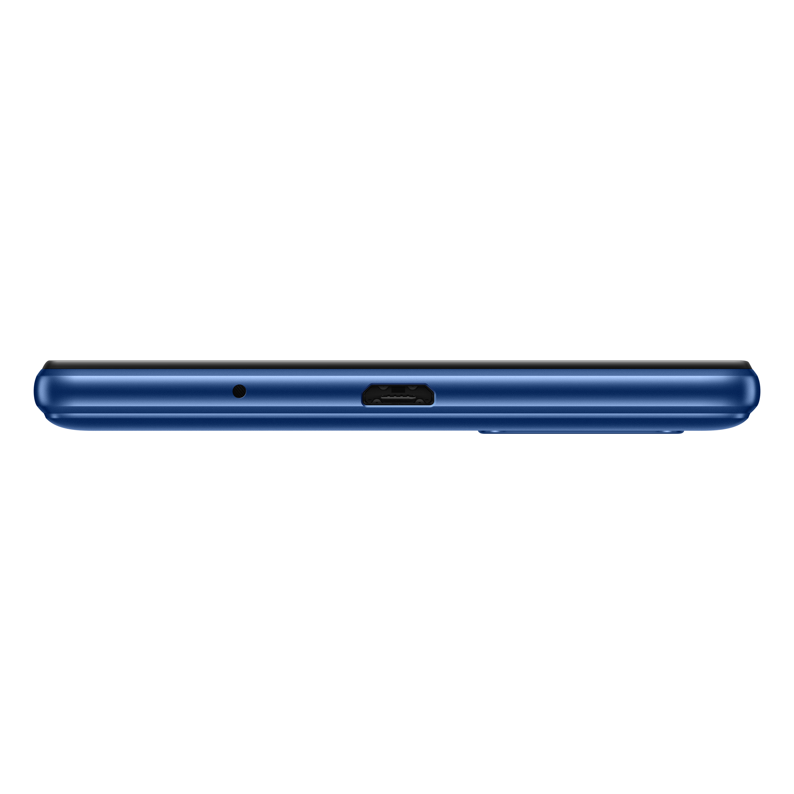 Nahaufnahme einer blauen Smartphone-Seite mit Anschlüssen und abgerundeten Kanten. Weißer Hintergrund.