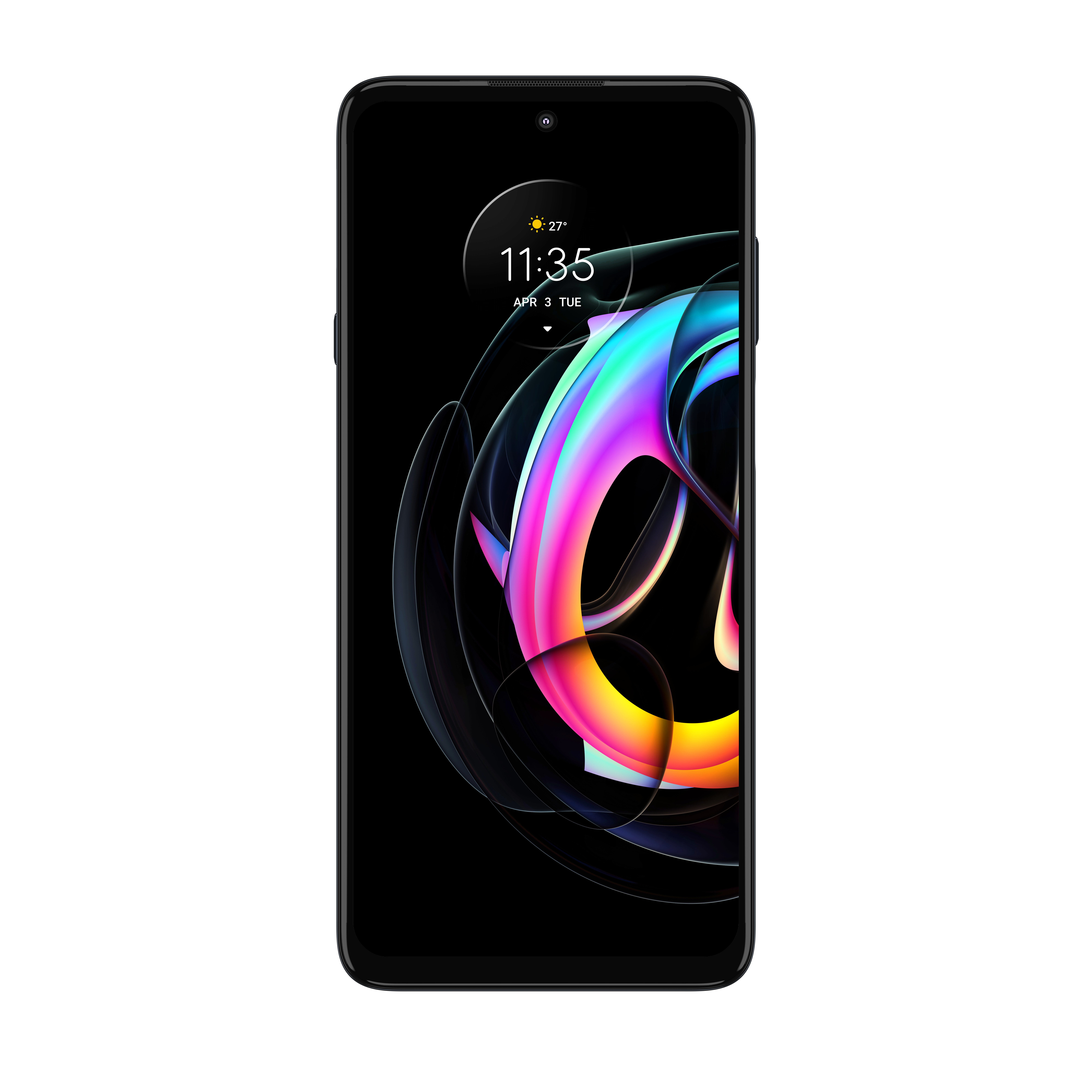 Czarny smartfon, widok z przodu, z kolorową sztuką abstrakcyjną na ekranie.