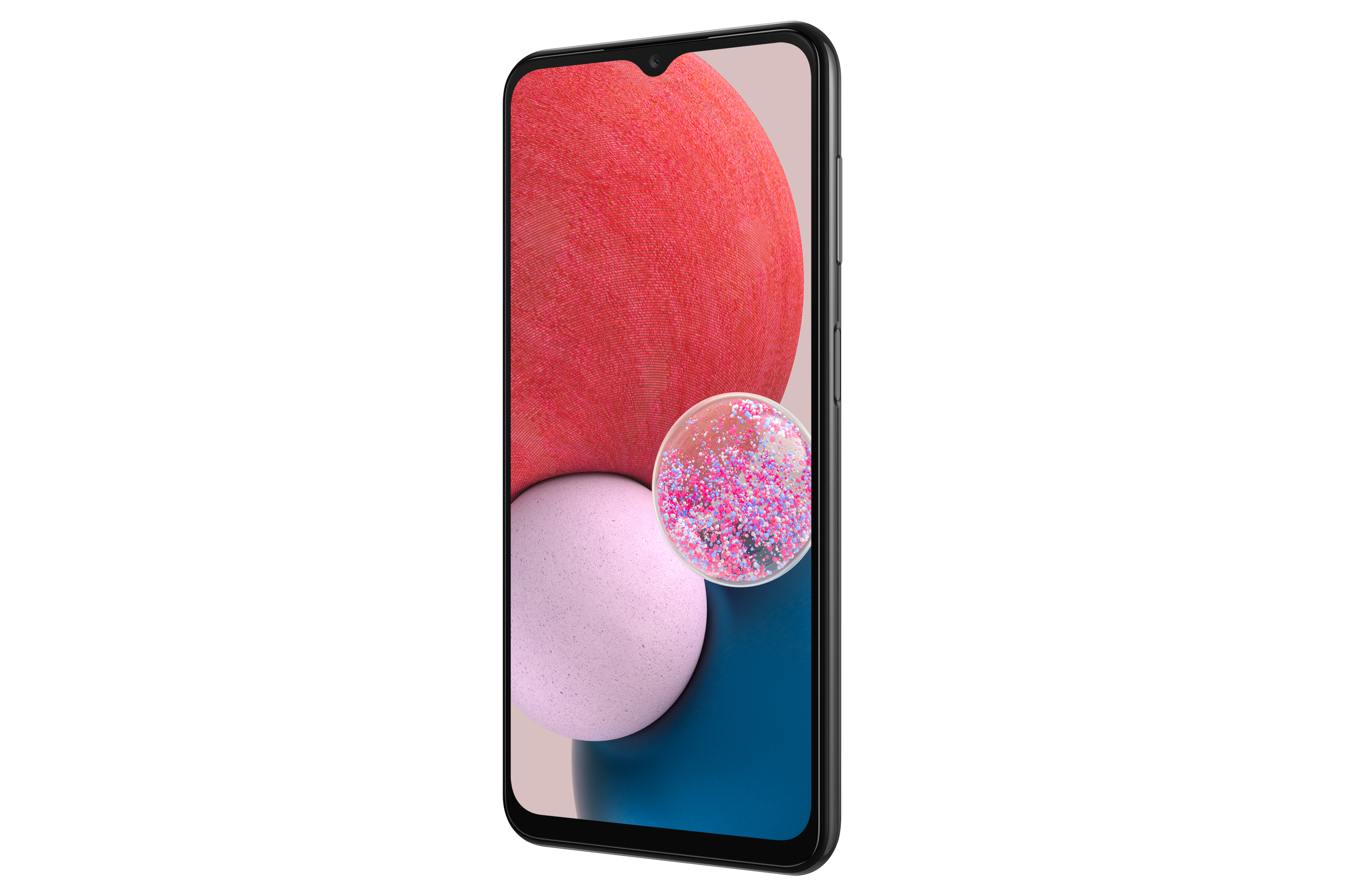 Smartphone met een kleurrijke abstracte achtergrond en een bubbelachtig ontwerp.