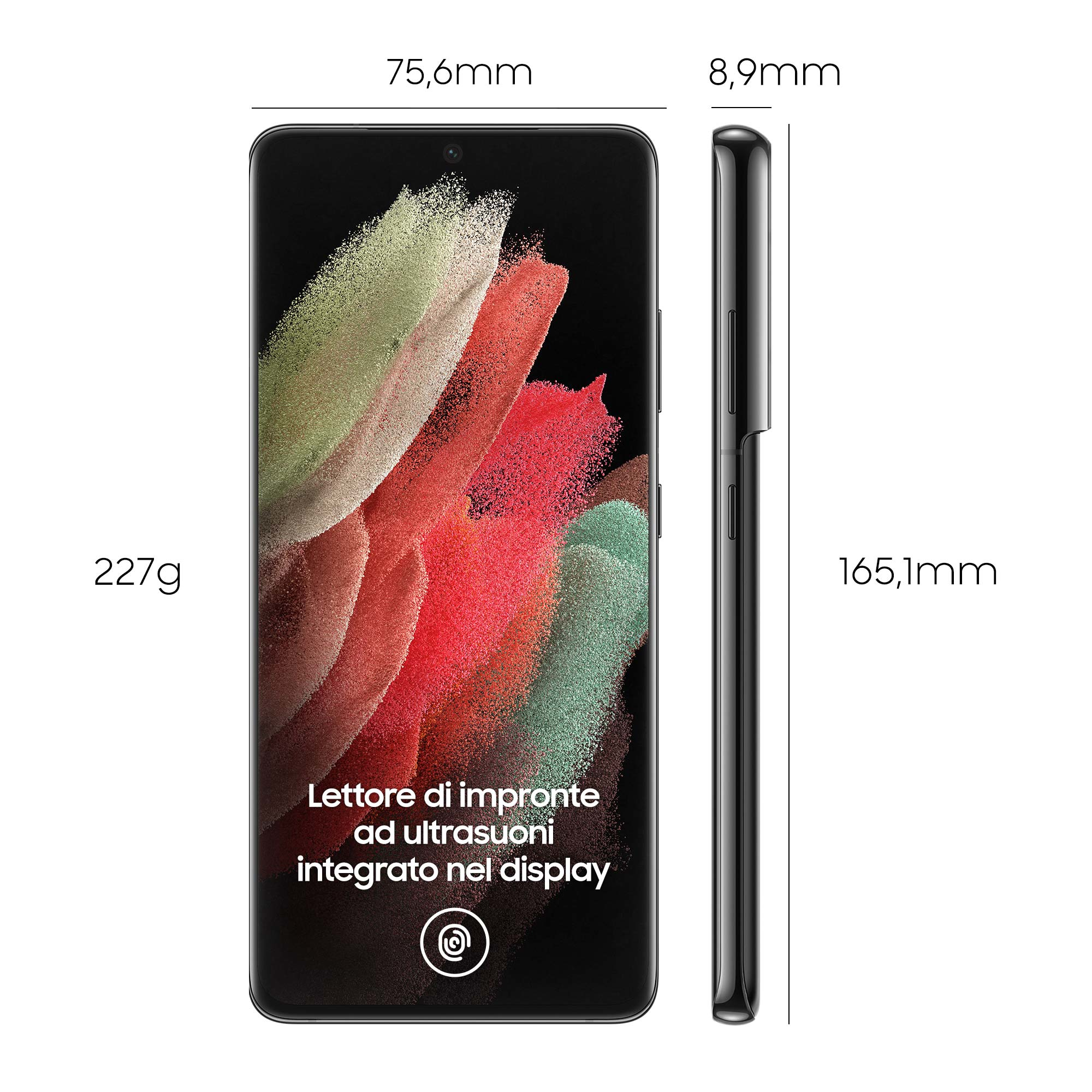 Schwarzes Smartphone, Vorder- und Seitenansicht, mit Abmessungen und Gewicht.