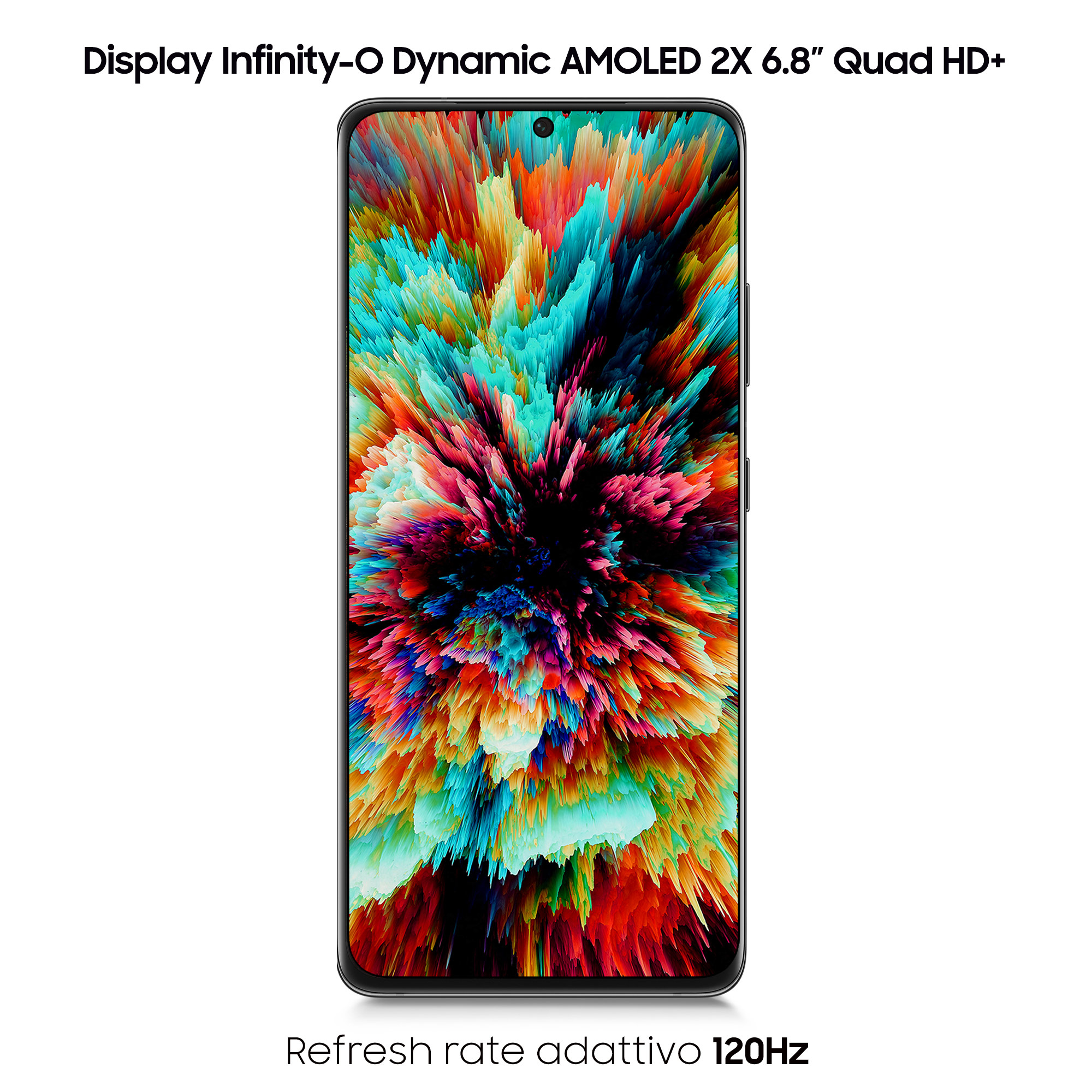 Smartphone-Bildschirm, farbenfrohes abstraktes Design. Schwarzer Rahmen. Text: 'Display Infinity-O', '120Hz'.