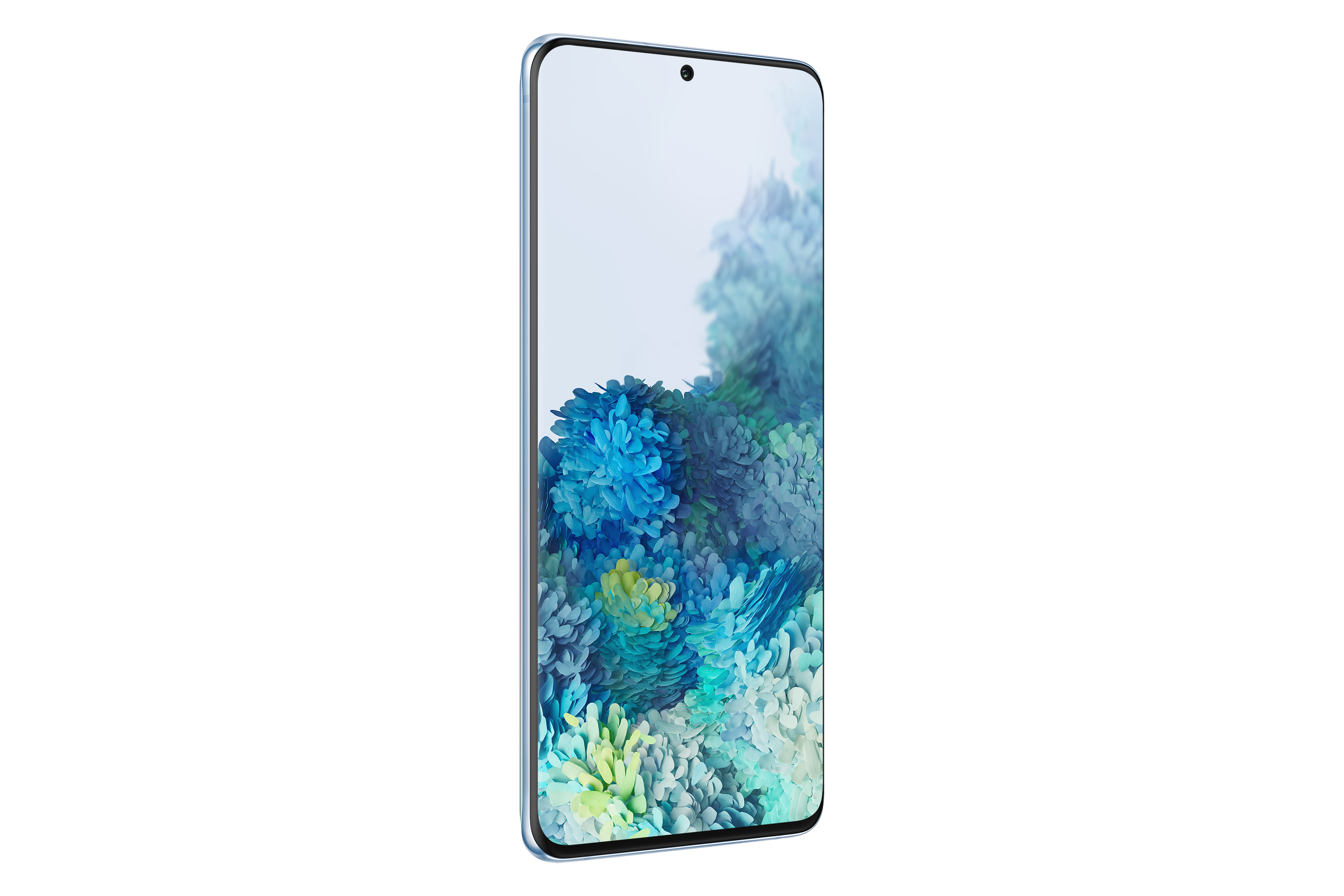 Smartphone, Vorderansicht, hellblauer Rahmen. Bildschirm zeigt Blumendesign, weißer Hintergrund.