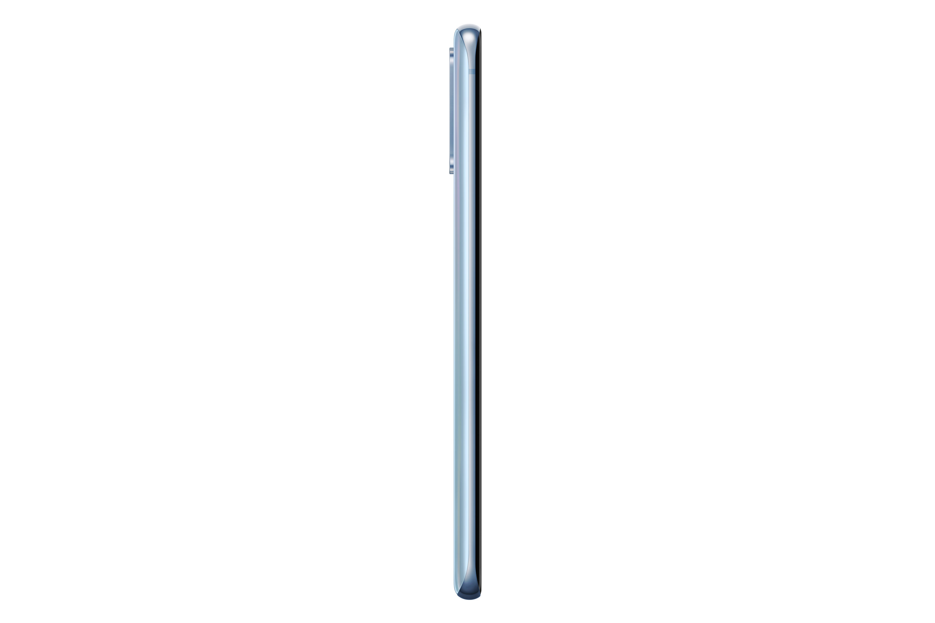 Seitenansicht eines blauen Smartphones. Das Telefon ist schlank und elegant.