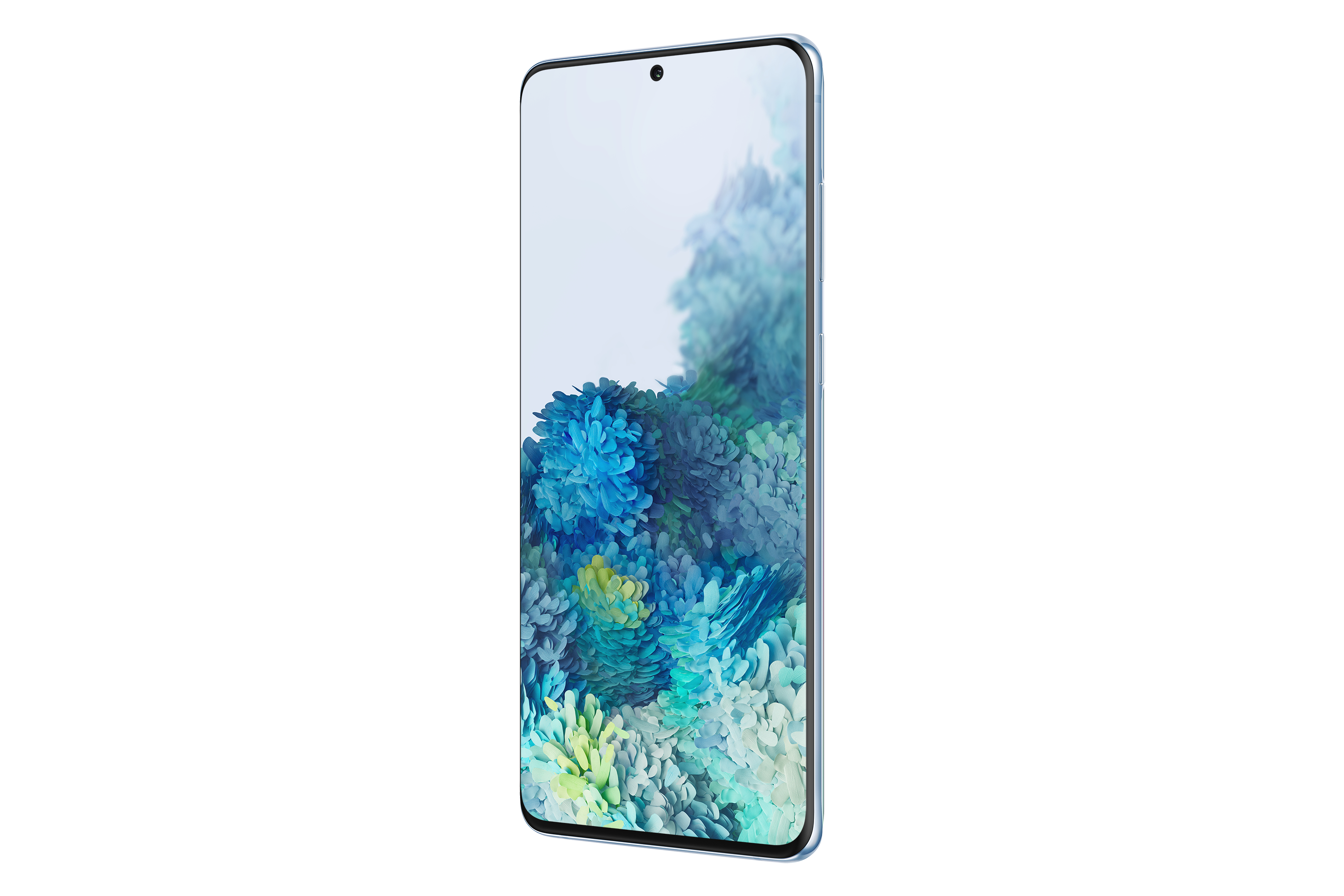 Samsung-Handy mit Bildschirm, der blau-grüne blumenartige Formen zeigt. Telefon hat hellblaue Ränder.