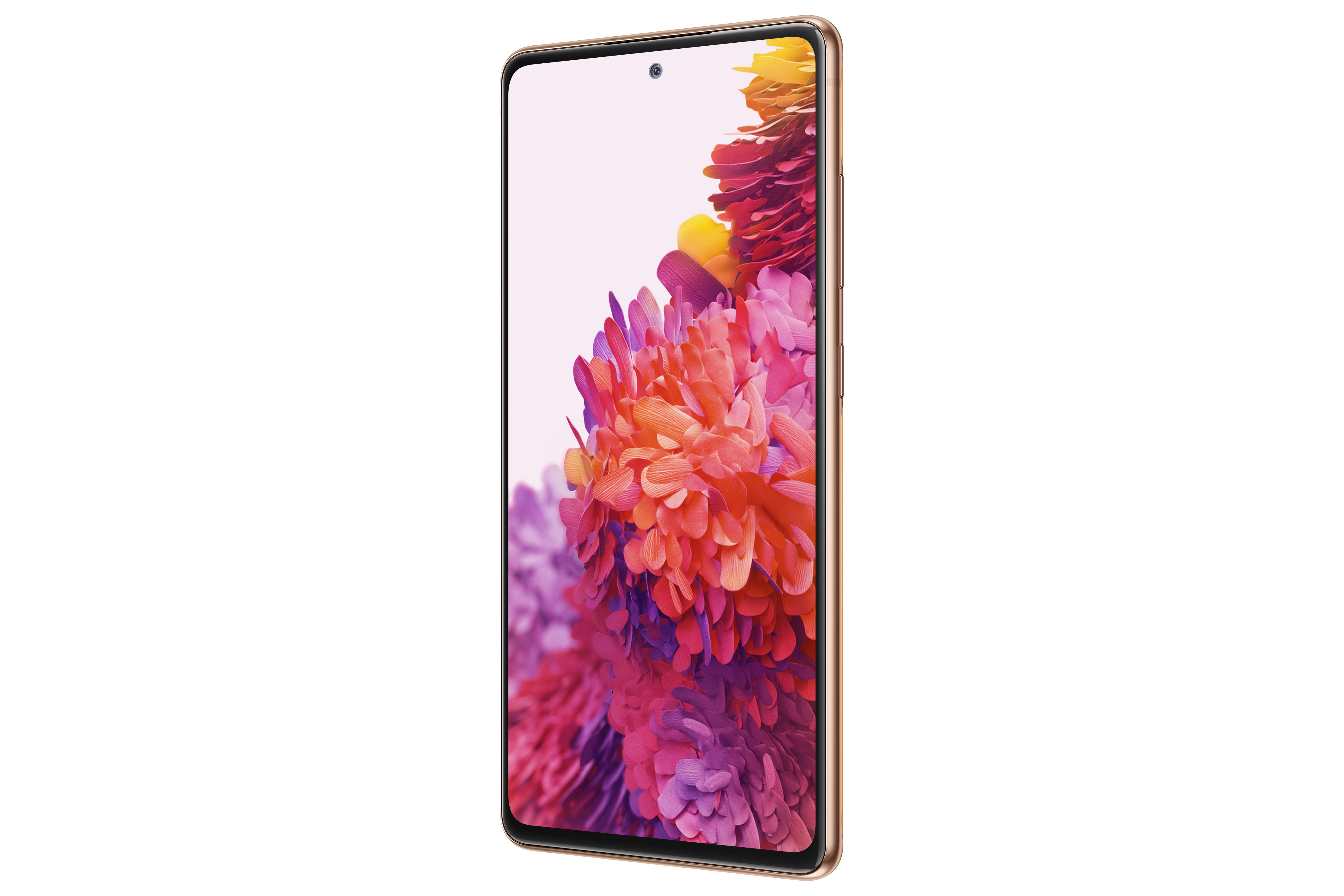 Smartphone mit orange-pinkem Blumendisplay, goldenem Rahmen und leichtem Winkel.