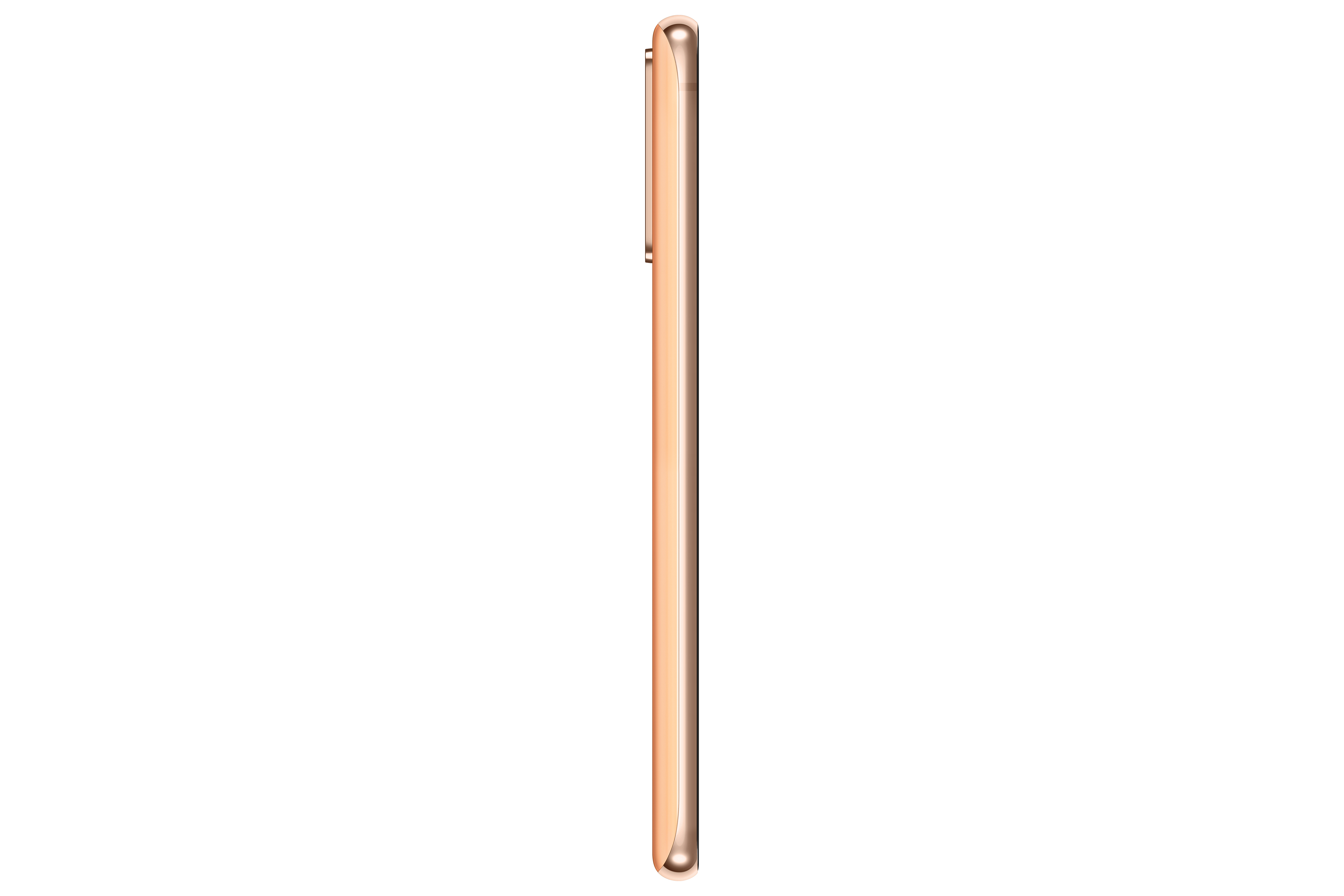 Seitenprofil eines goldenen Smartphones, mit schlichtem weißen Hintergrund, ohne Knöpfe oder Details.
