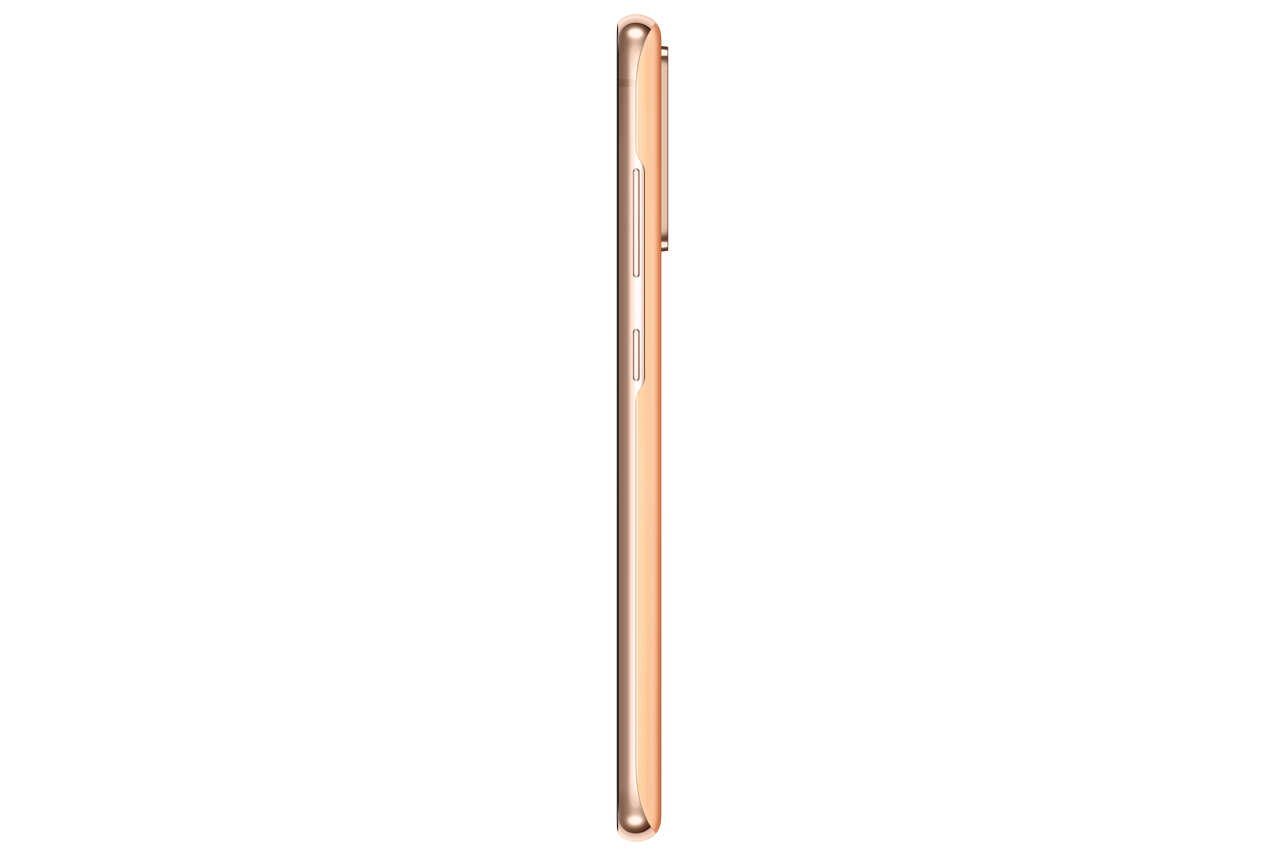 Seitenansicht eines goldenen Smartphones mit Ein-/Aus- und Lautstärketasten.