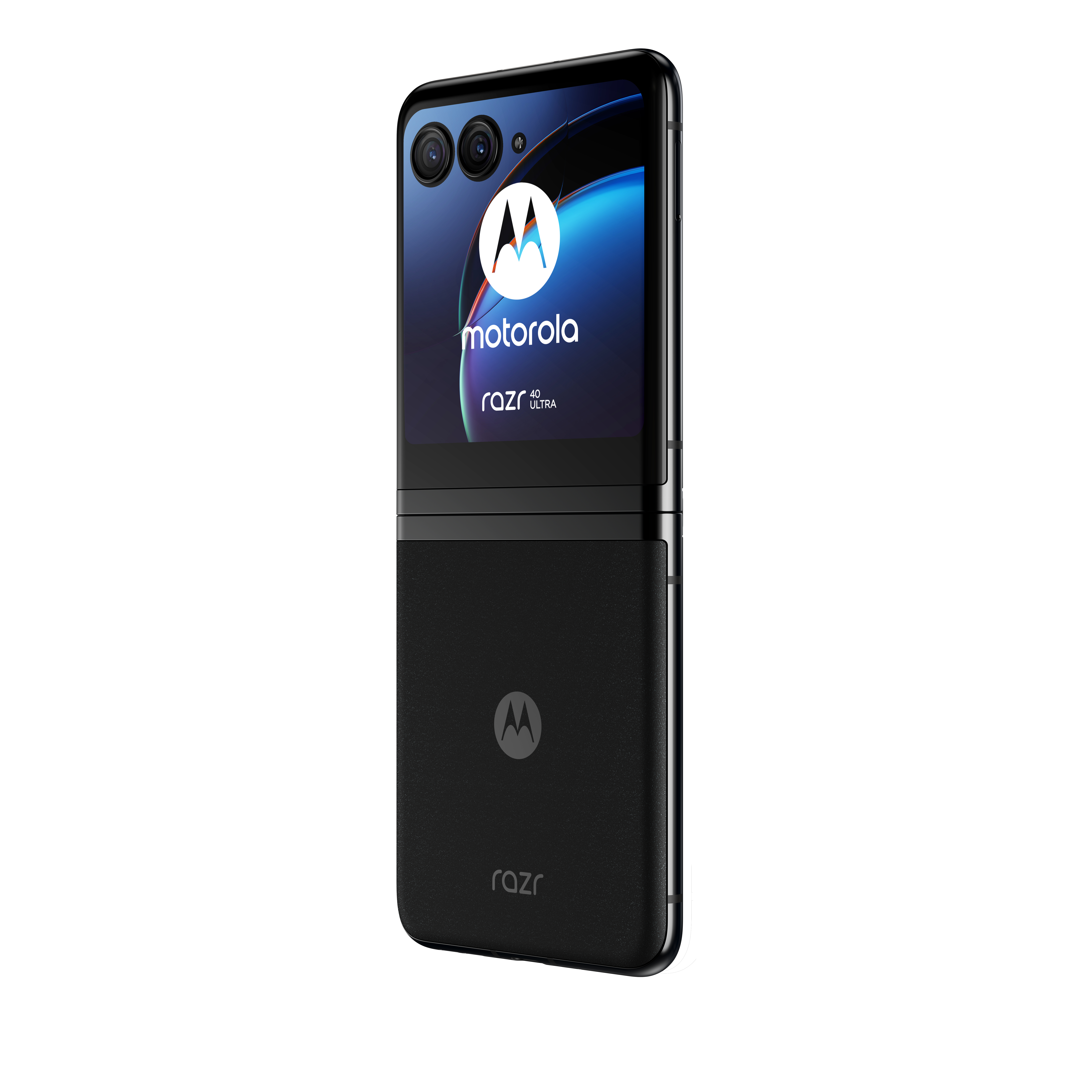 Een zwarte Motorola Razr smartphone, die het opgevouwen ontwerp met het Motorola-logo laat zien.