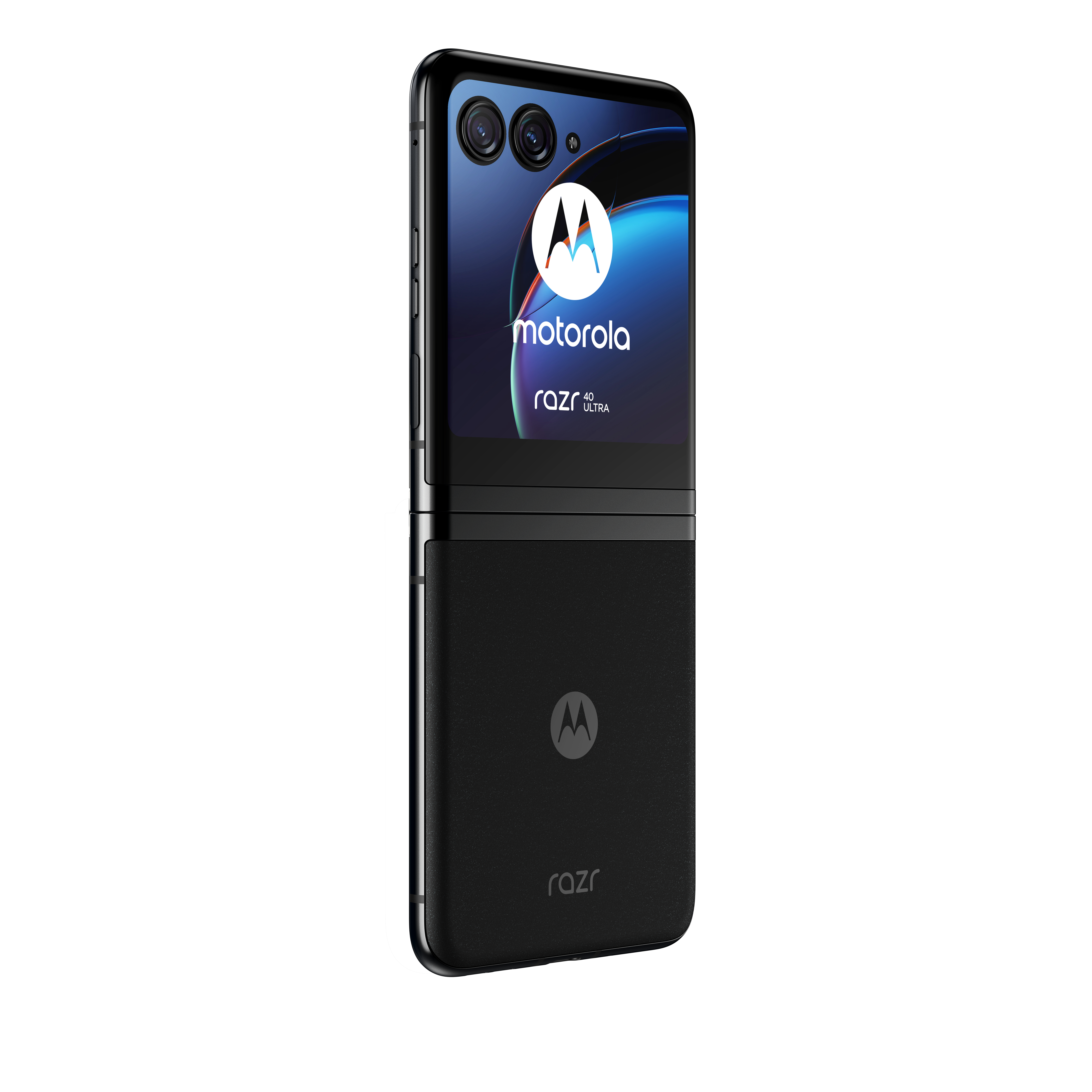 Motorola Razr telefoon, open, met het scherm en de achterkant met het logo.