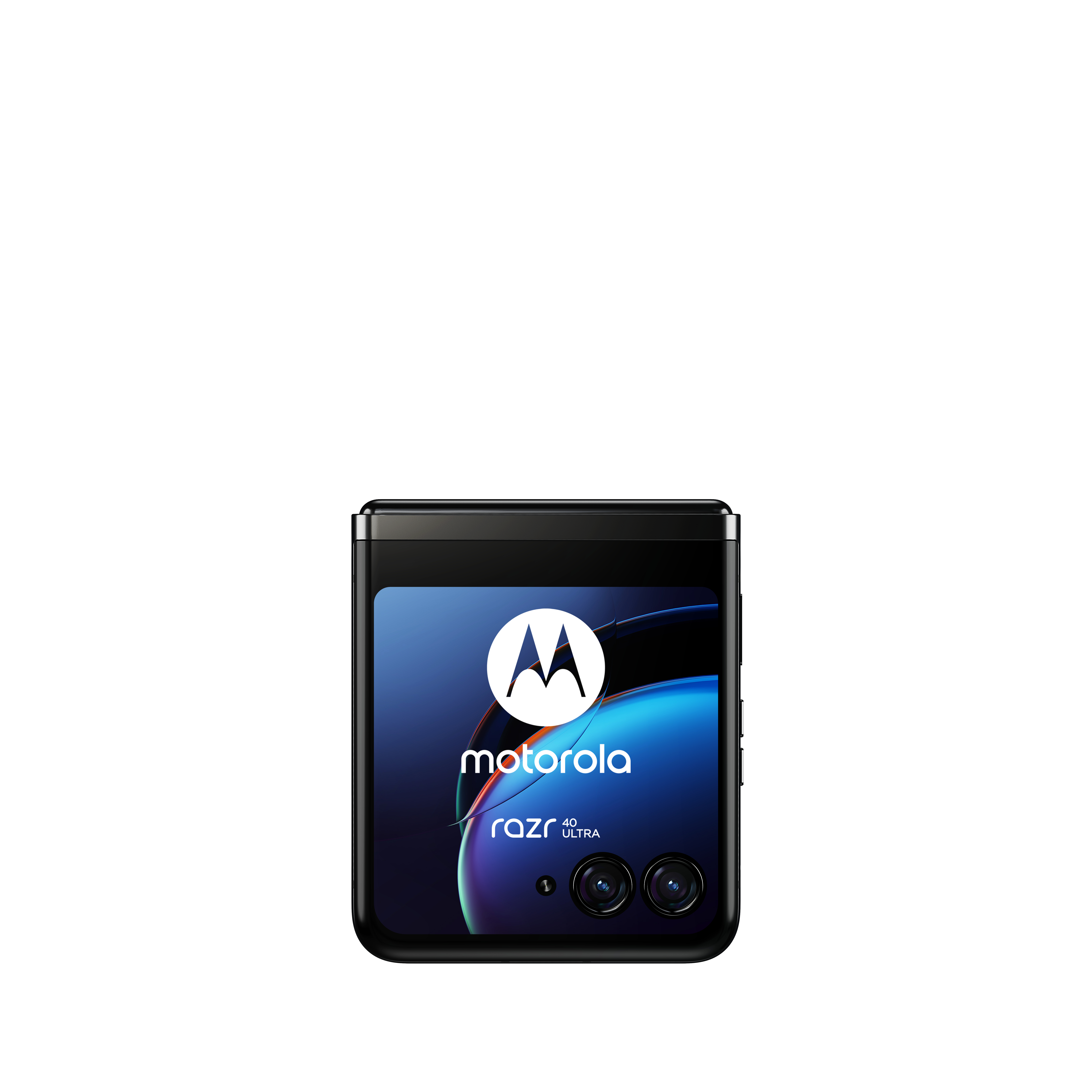 Opvouwbare Motorola Razr telefoon, zwart, met een scherm met het Motorola-logo en het woord 'razr'.
