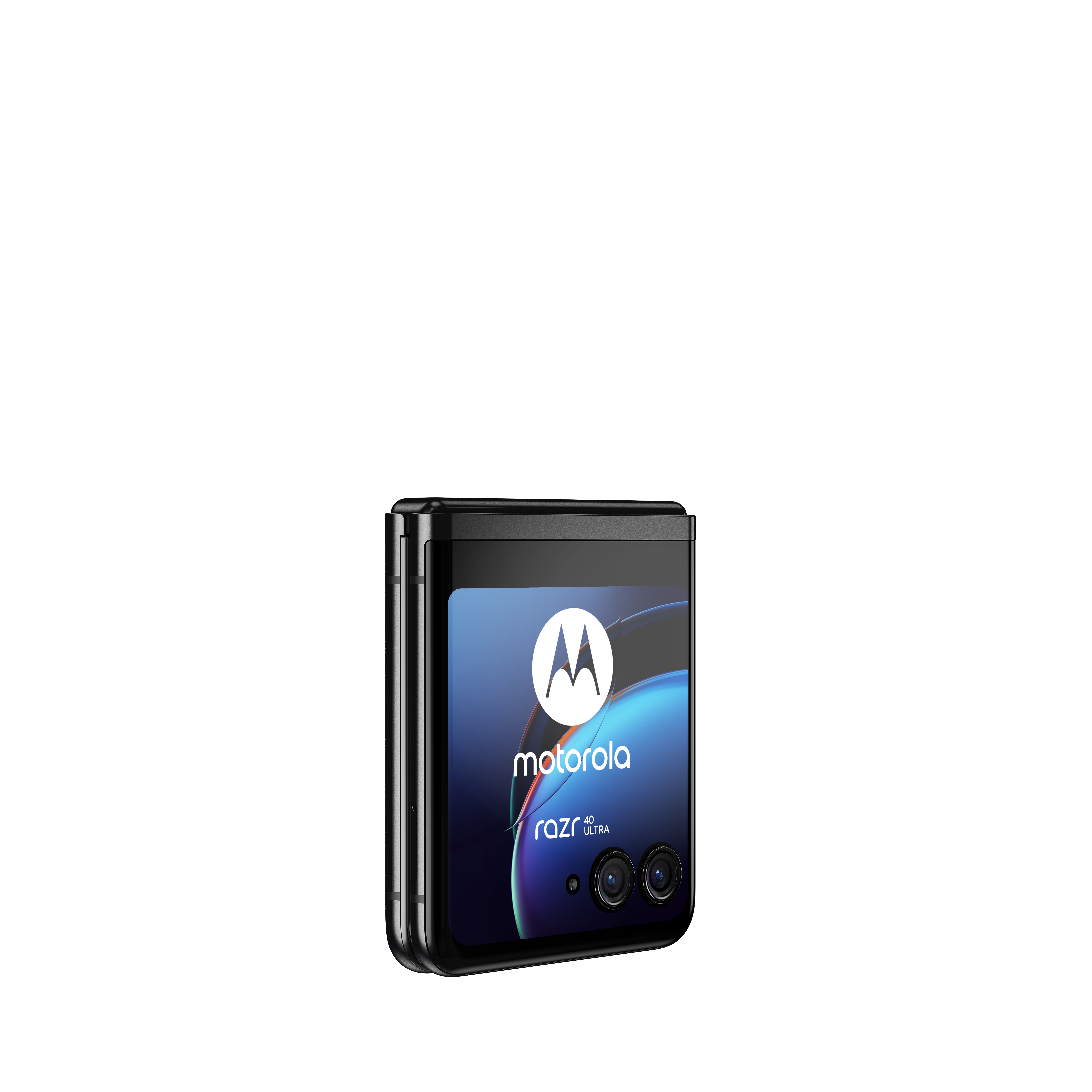 Zwarte Motorola Razr telefoon, opgevouwen. Scherm is aan, toont een logo.