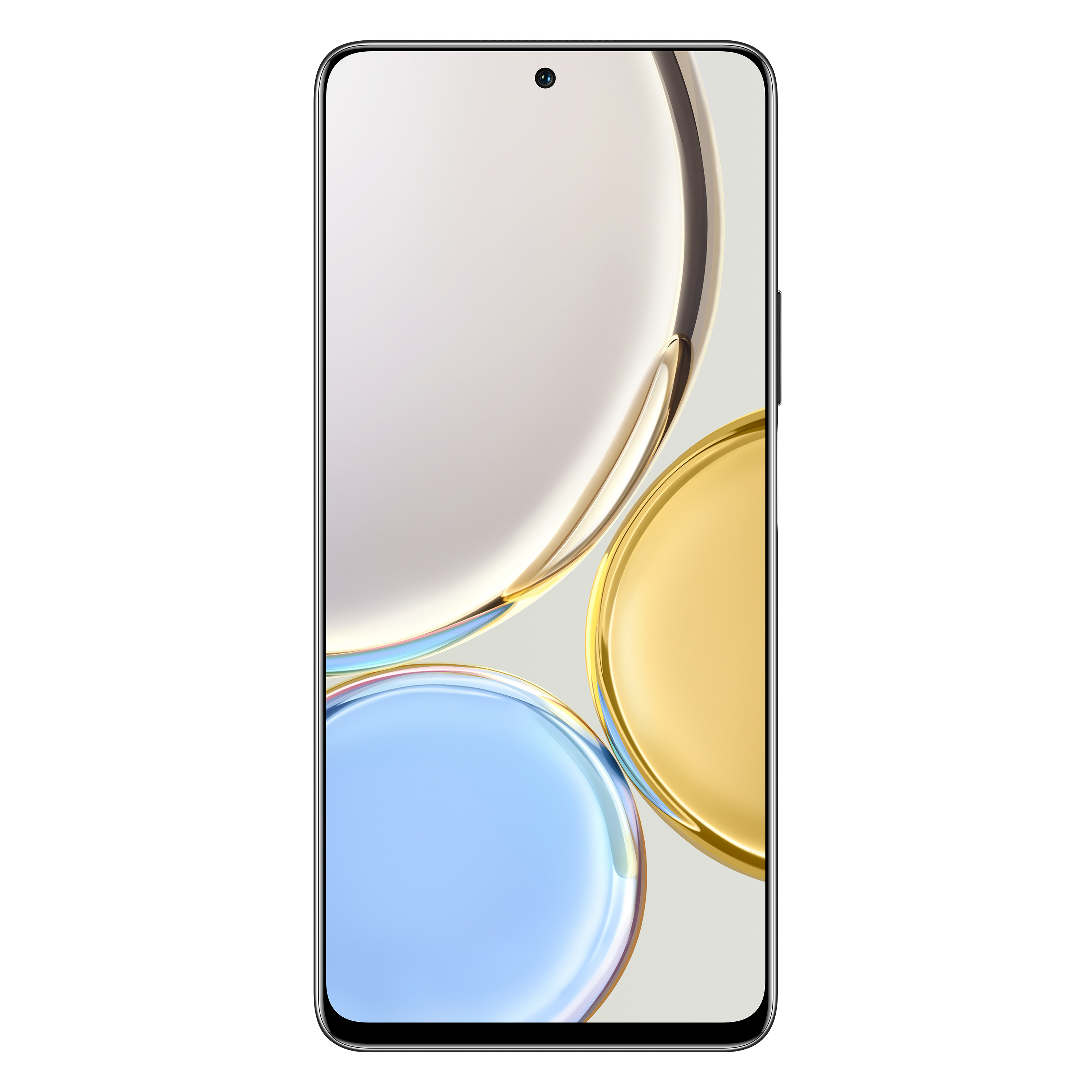 Smartphone con fotocamera frontale centrata, che mostra uno sfondo astratto e colorato.