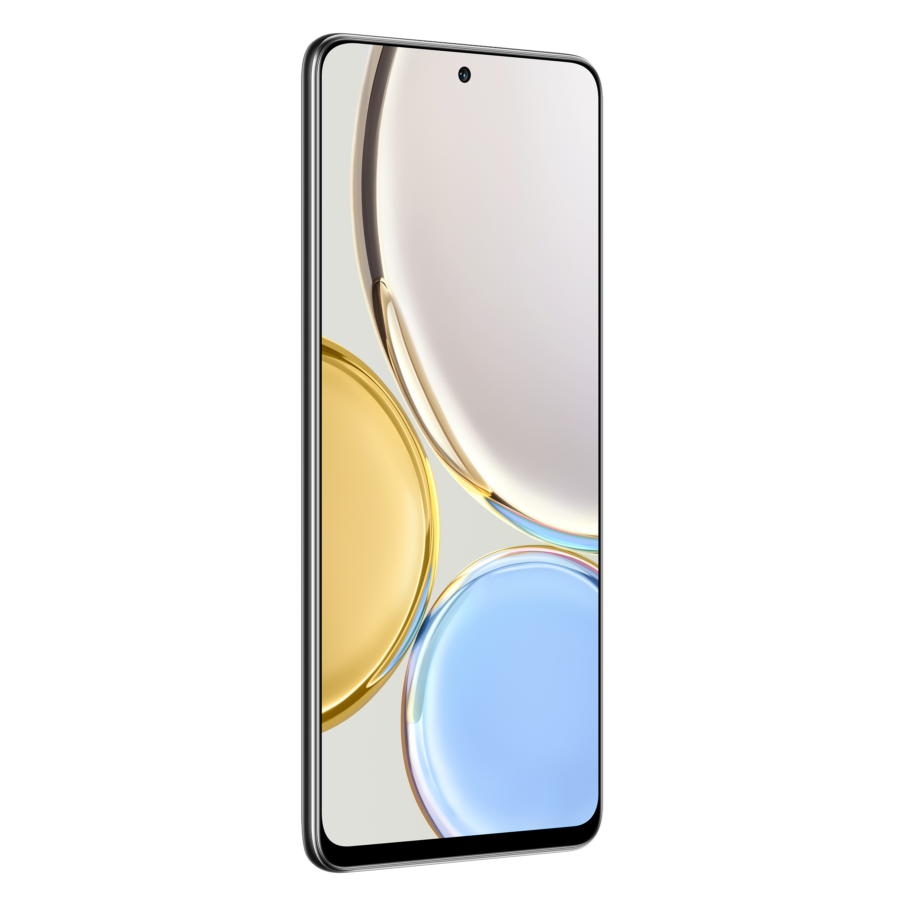 Schermo del telefono con design astratto nei colori giallo, argento e blu.
