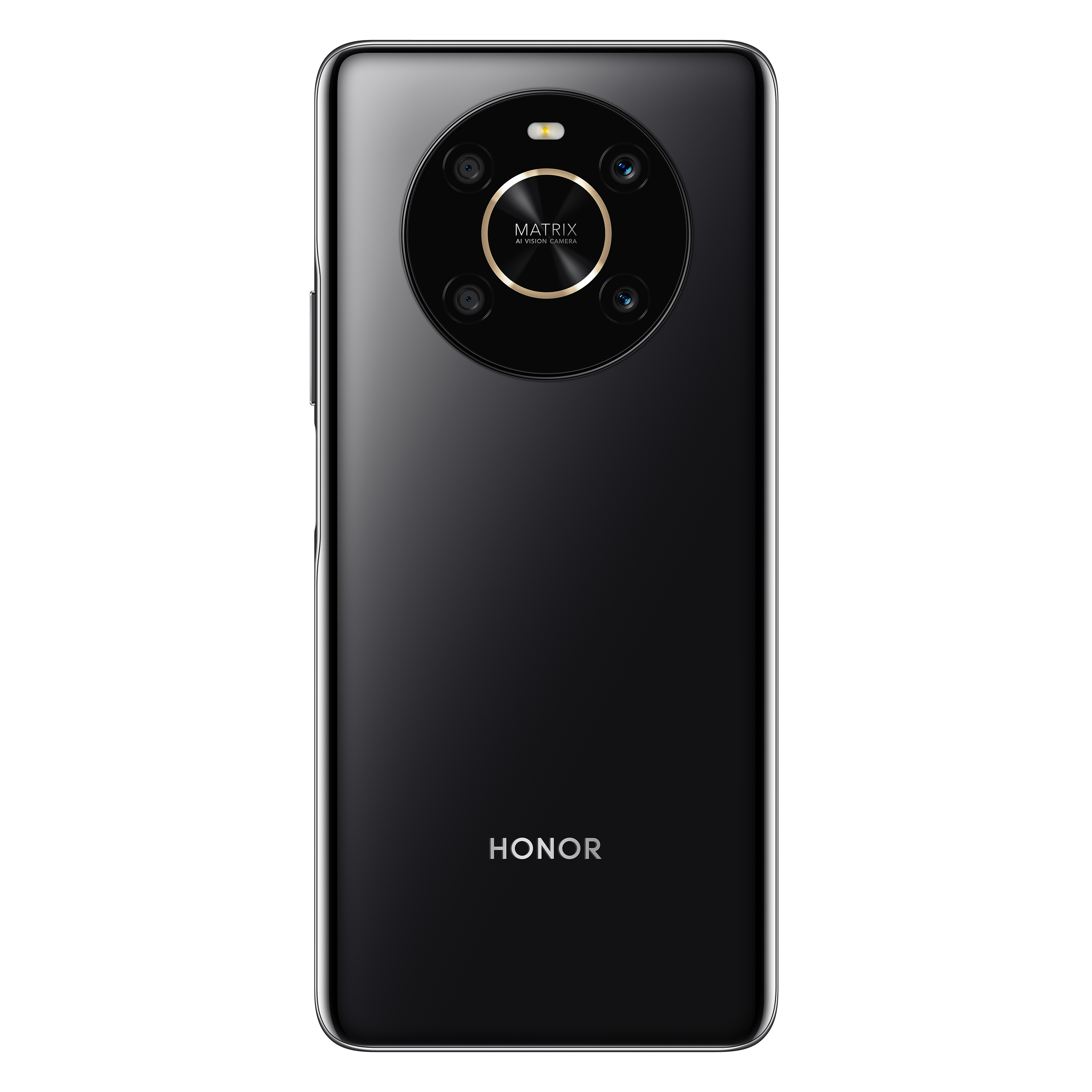 Telefono nero. Presenta un design della fotocamera Matrix con quattro obiettivi e il logo HONOR.