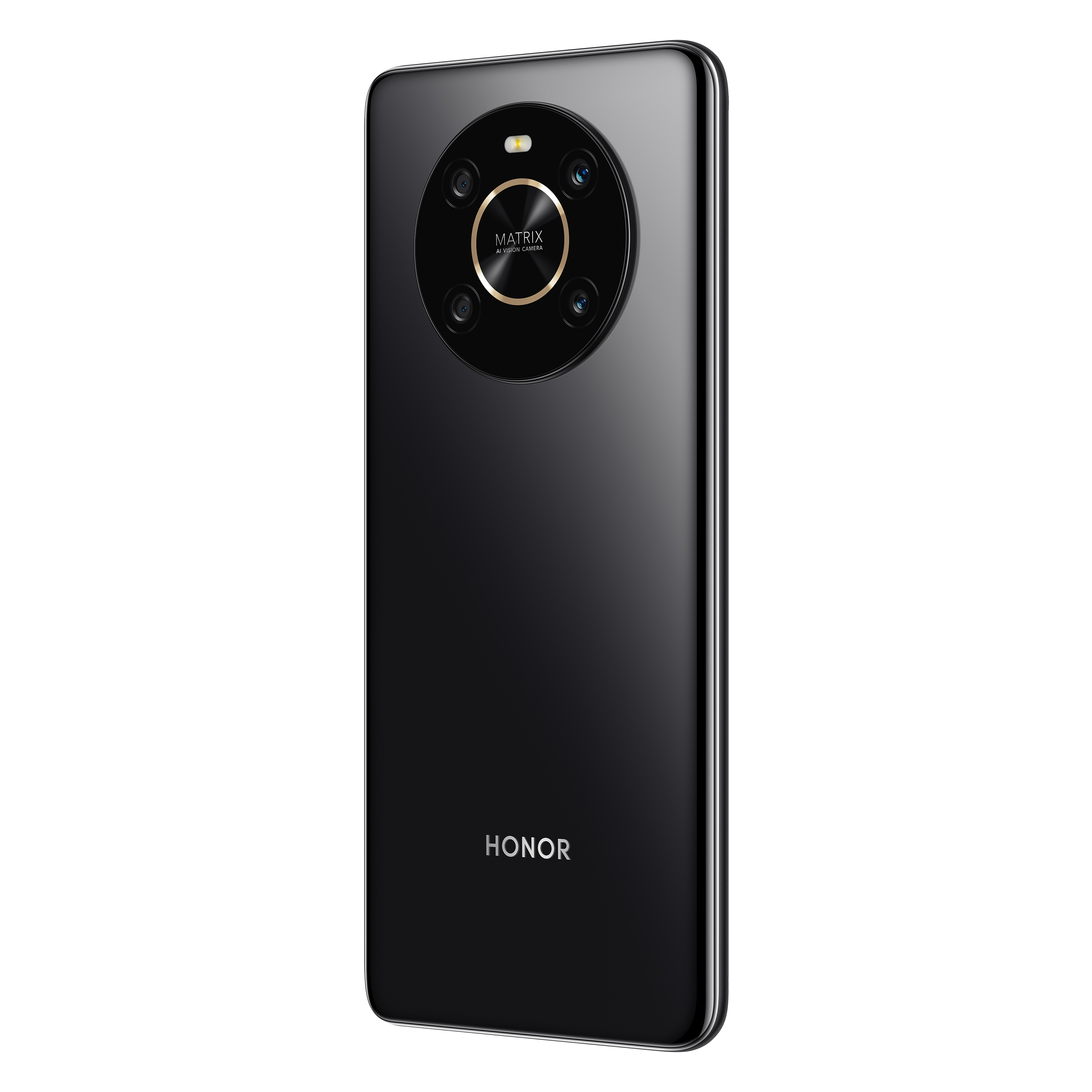 Smartphone nero con sistema fotocamera. Logo HONOR in basso. Sfondo bianco.