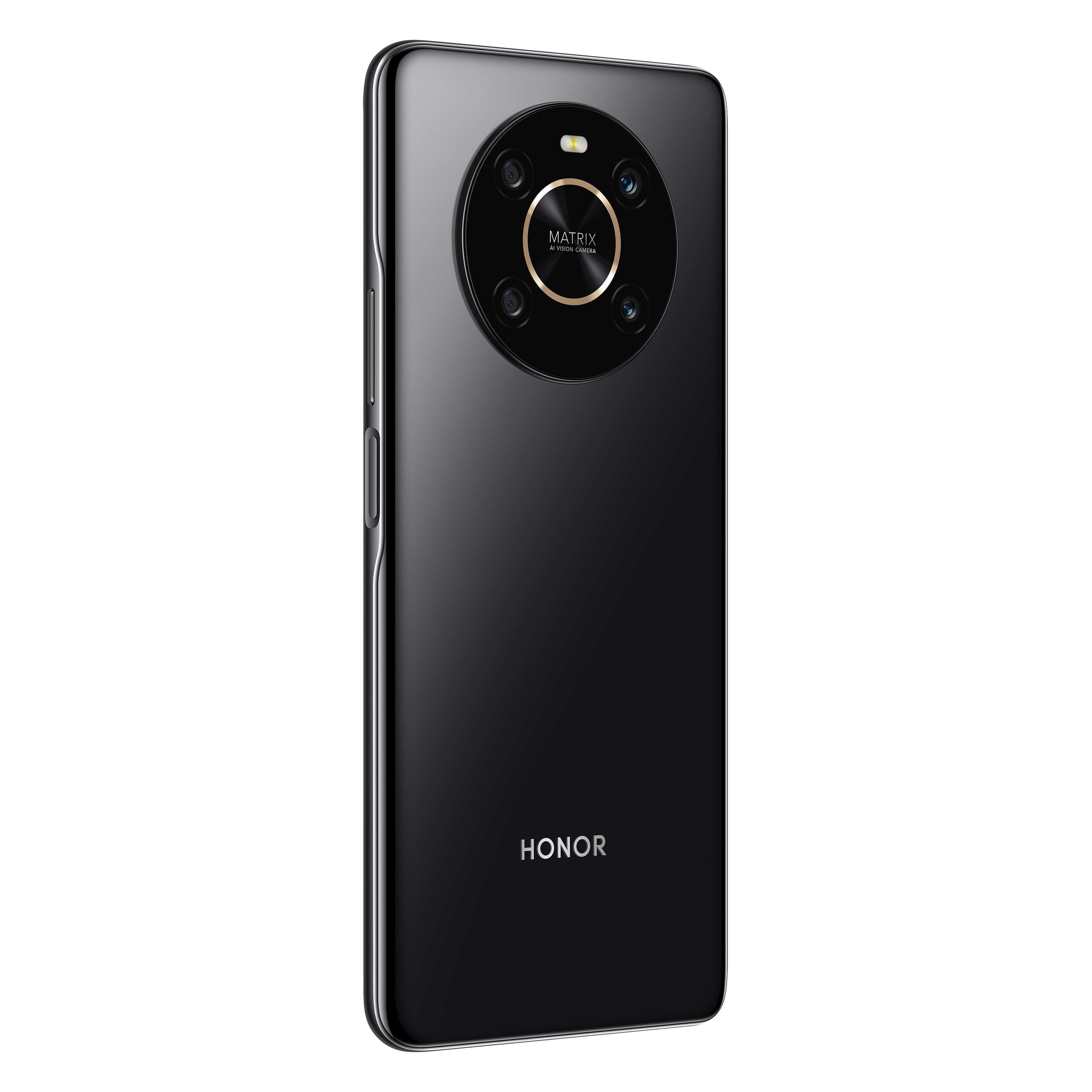 Un retro di telefono HONOR nero con una matrice di fotocamere e il logo HONOR, isolato su bianco.