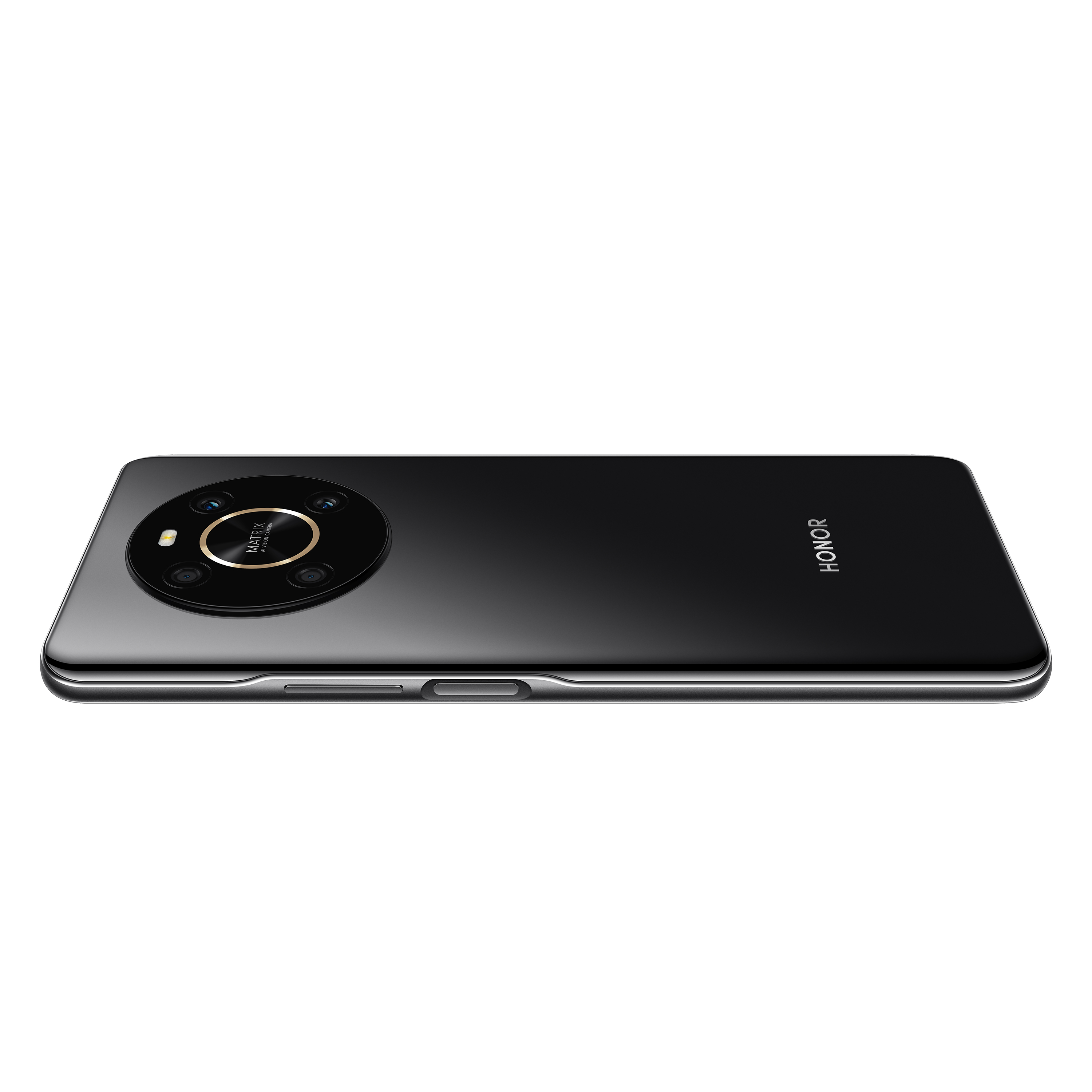 Telefono Honor nero su bianco, che mostra il retro, con sistema fotocamera.