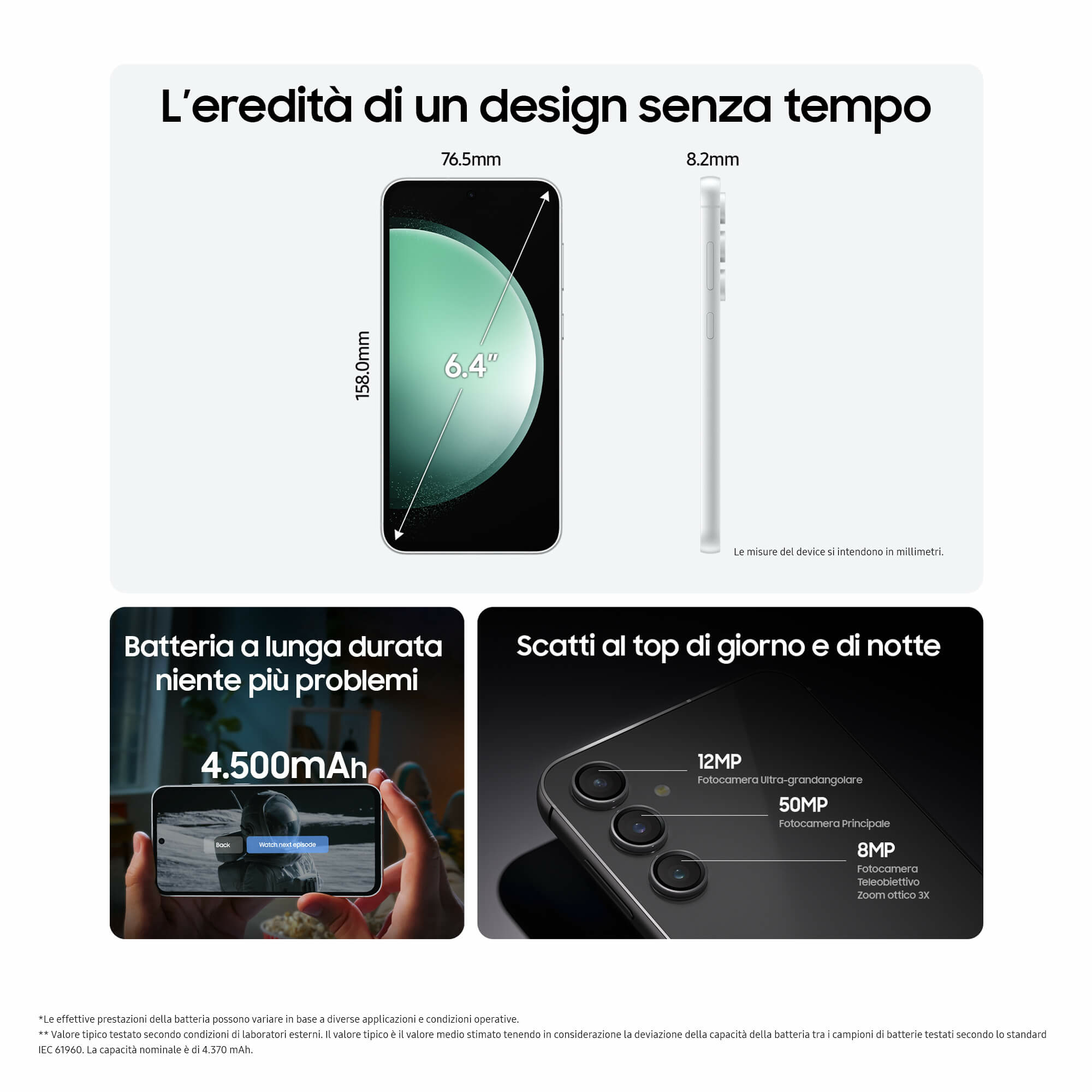 Smartphone-Details: Bildschirm, Kameradetails und Batterie-Info. Der Bildschirm zeigt das Display eines Telefons.