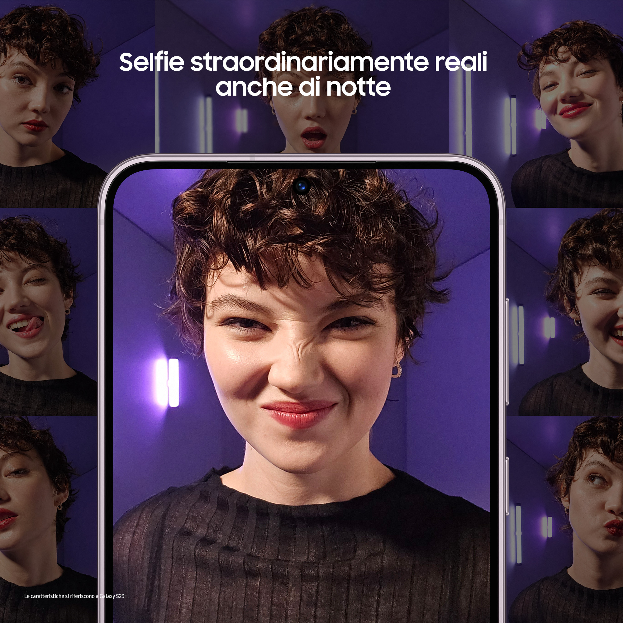 Ekran telefonu z wieloma selfie kobiety. Fioletowe tło i tekst na górze.