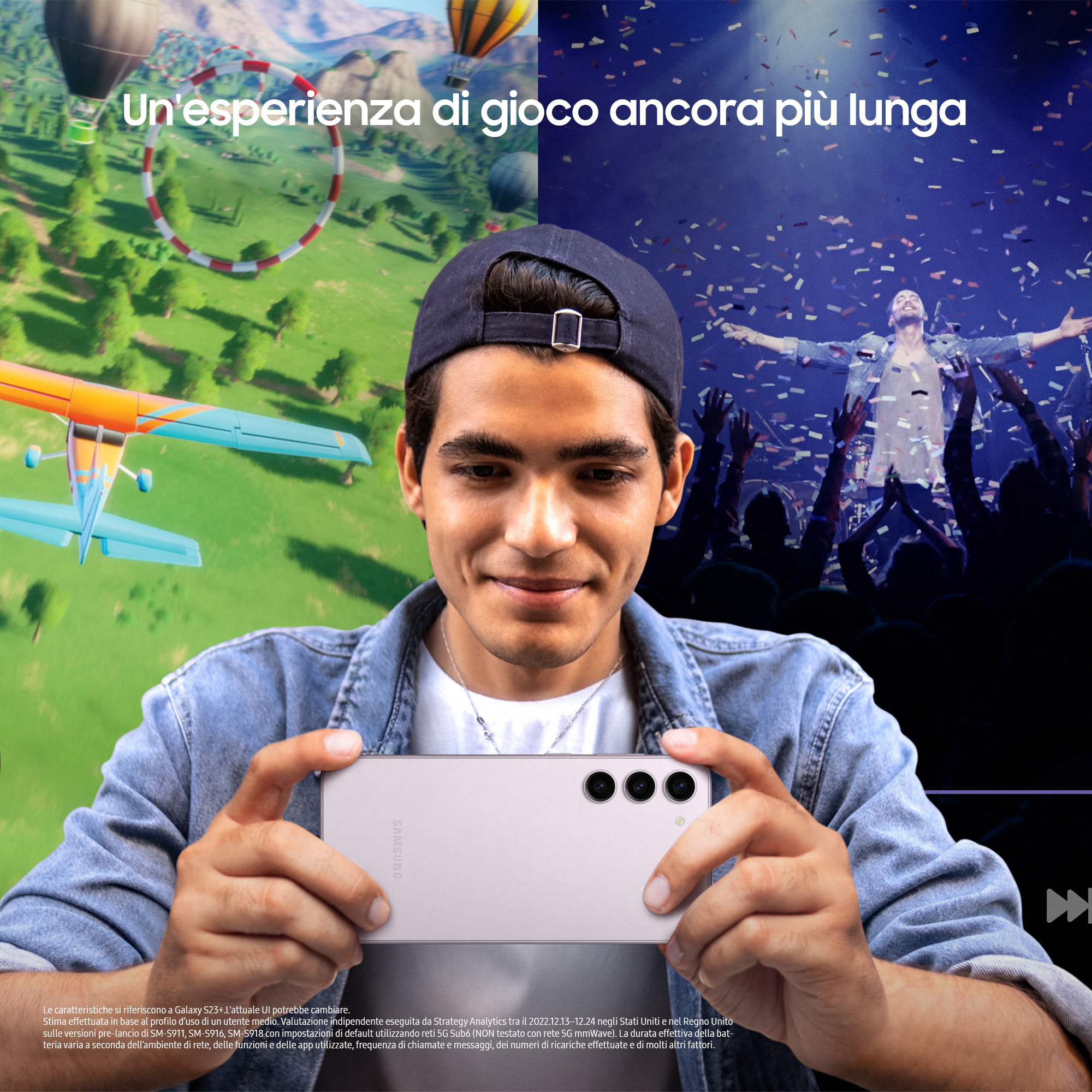 Mężczyzna trzymający telefon, ekran pokazuje rozgrywkę i koncert.