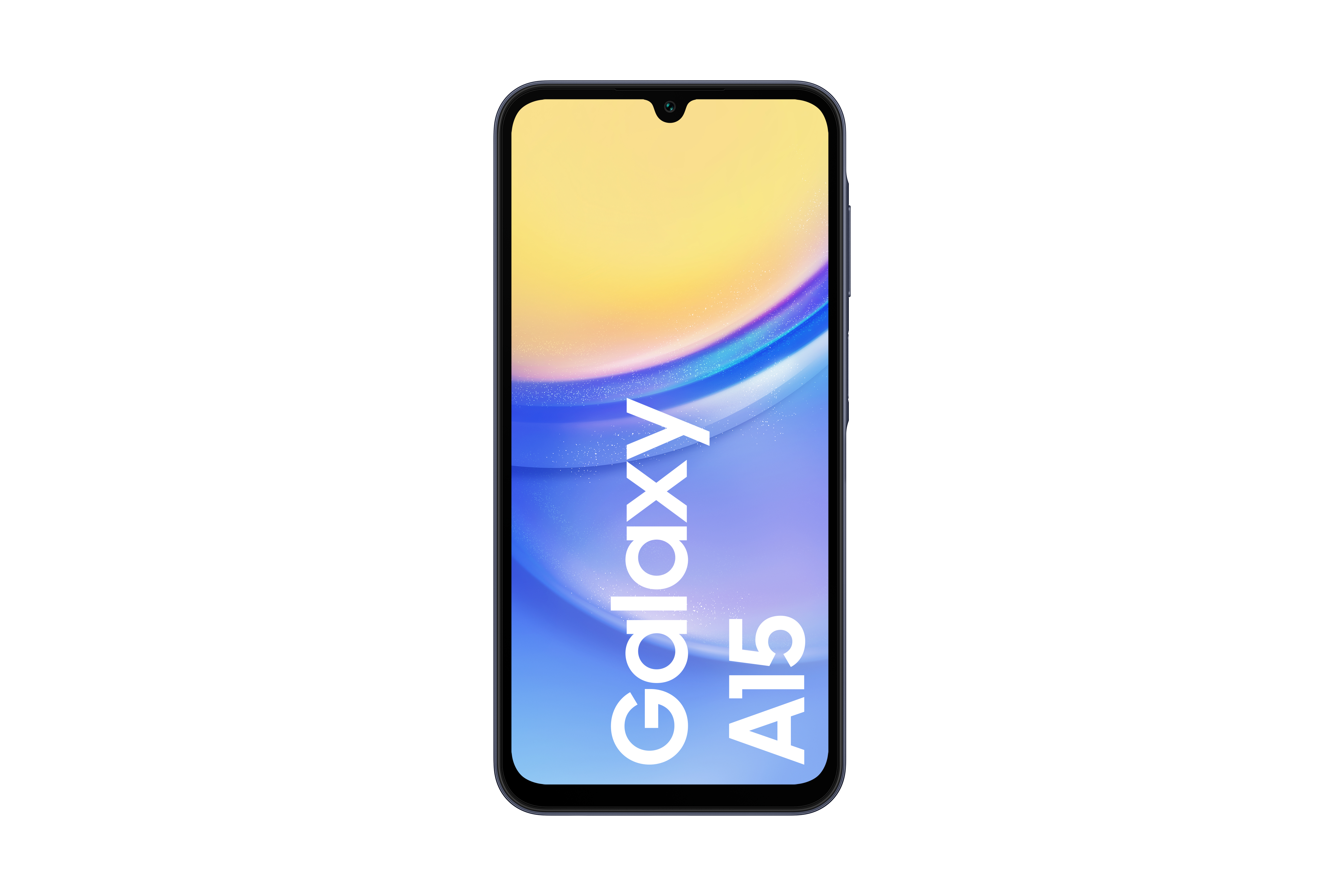 Smartfon z niebieską ramką, wyświetlający na ekranie słowa 'Galaxy A15'.