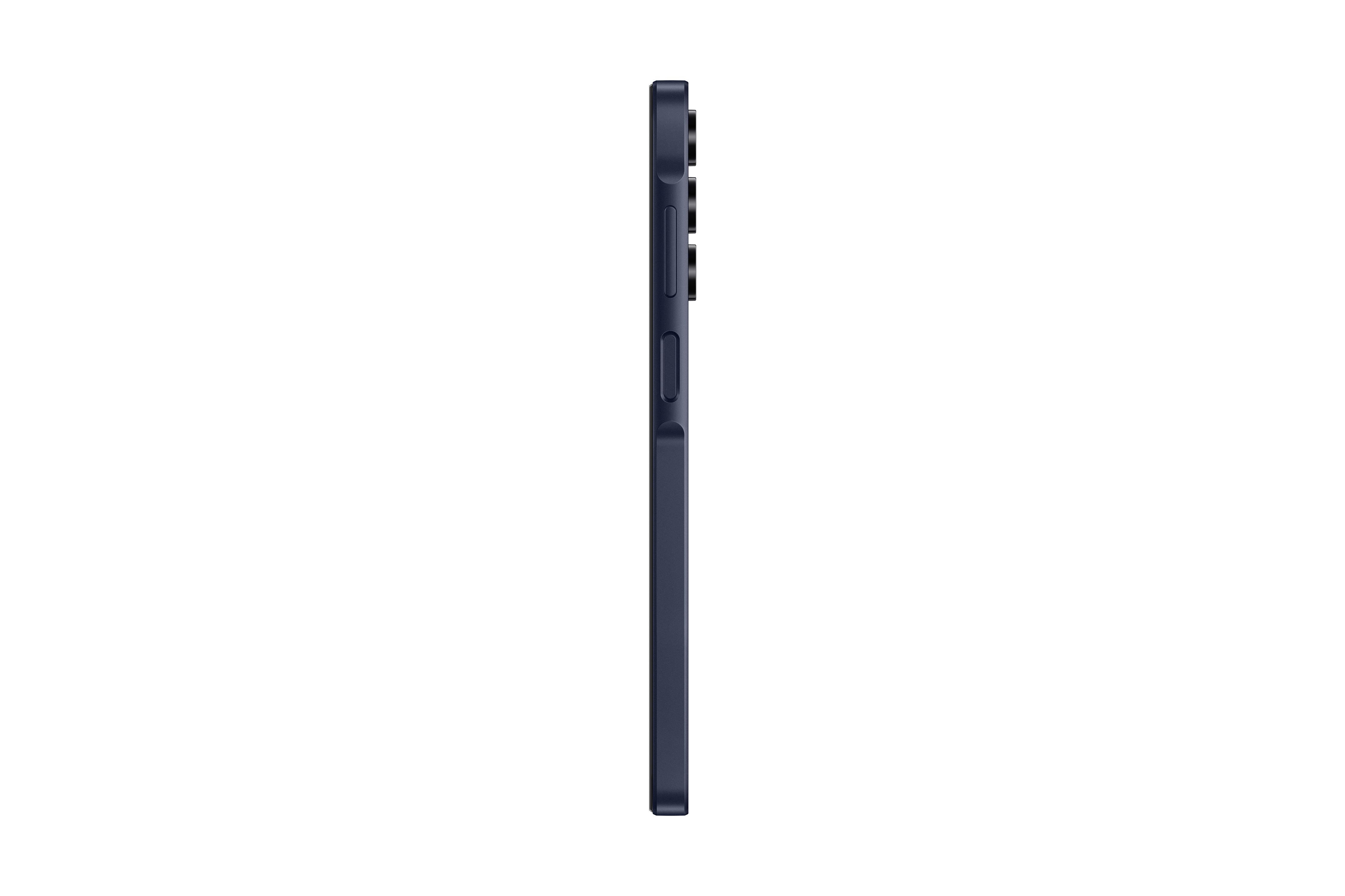 Seitenansicht eines dunkelblauen Telefons. Knöpfe auf der rechten Seite, sauberes Design.