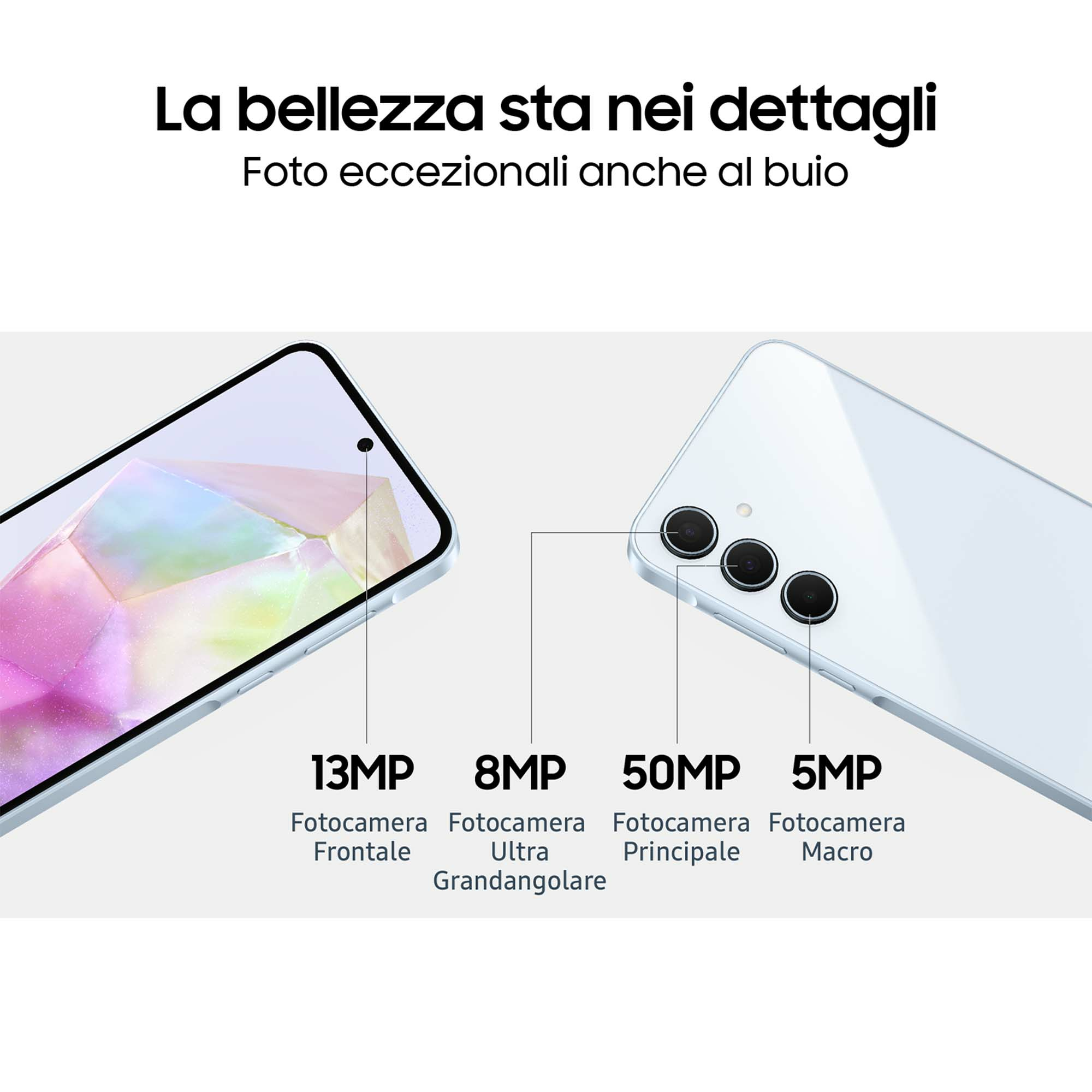 Biały telefon ze specyfikacjami aparatu: 13MP przód, 8MP ultraszeroki, 50MP główny i 5MP makro, z włoskim tekstem.