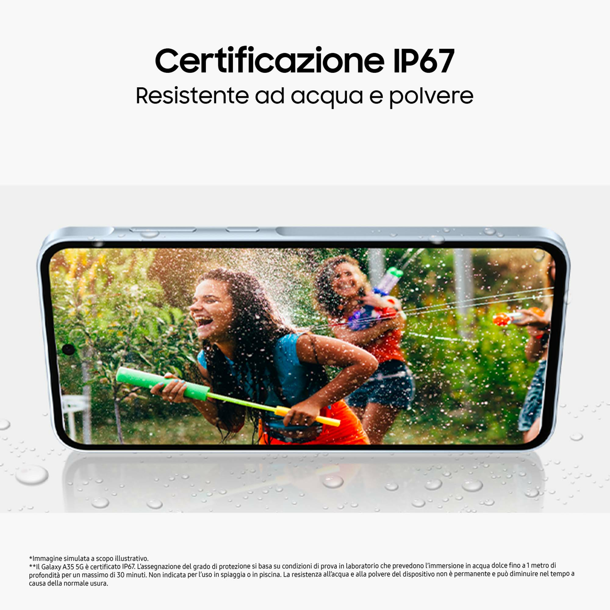 Ekran telefonu pokazuje wodę rozpryskującą się na ludziach bawiących się pistoletami na wodę. Tekst: certyfikat IP67.