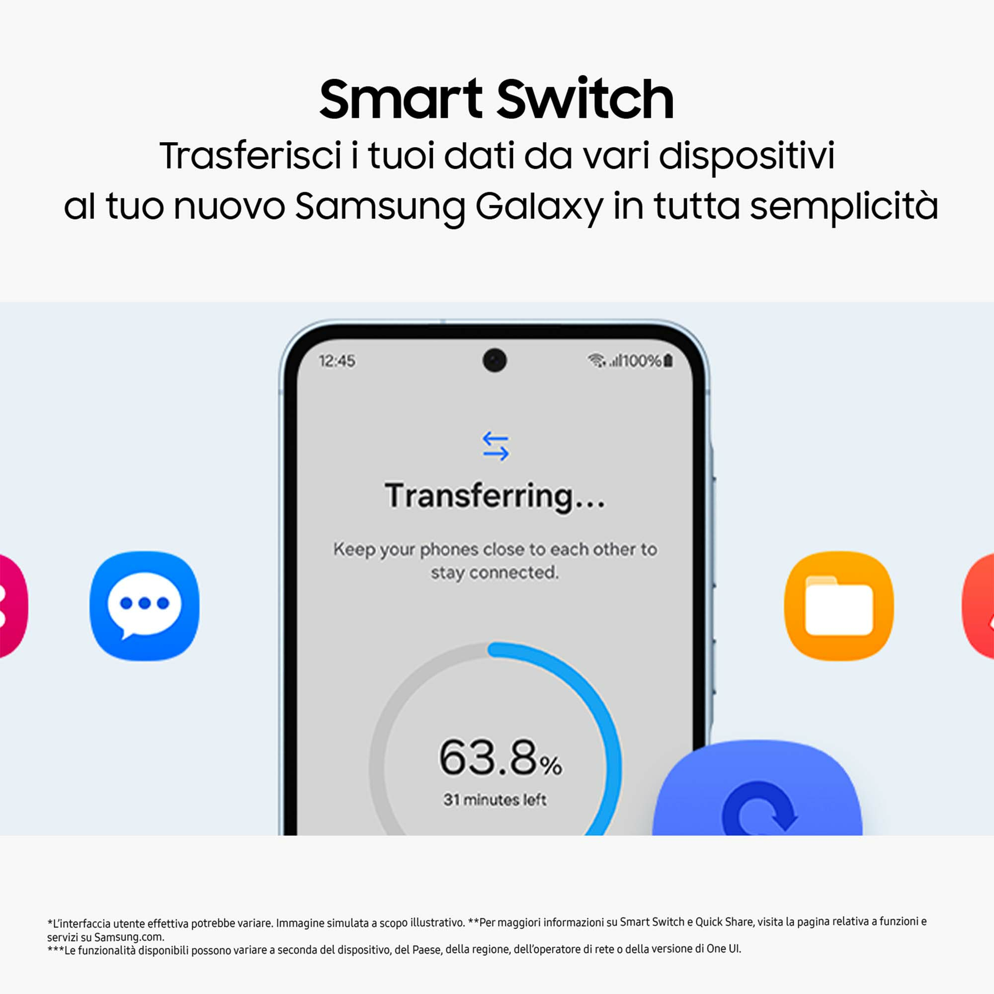 Schermo dello smartphone che mostra un grafico di avanzamento del trasferimento. Il testo in alto dice 'Smart Switch'. Icone colorate.
