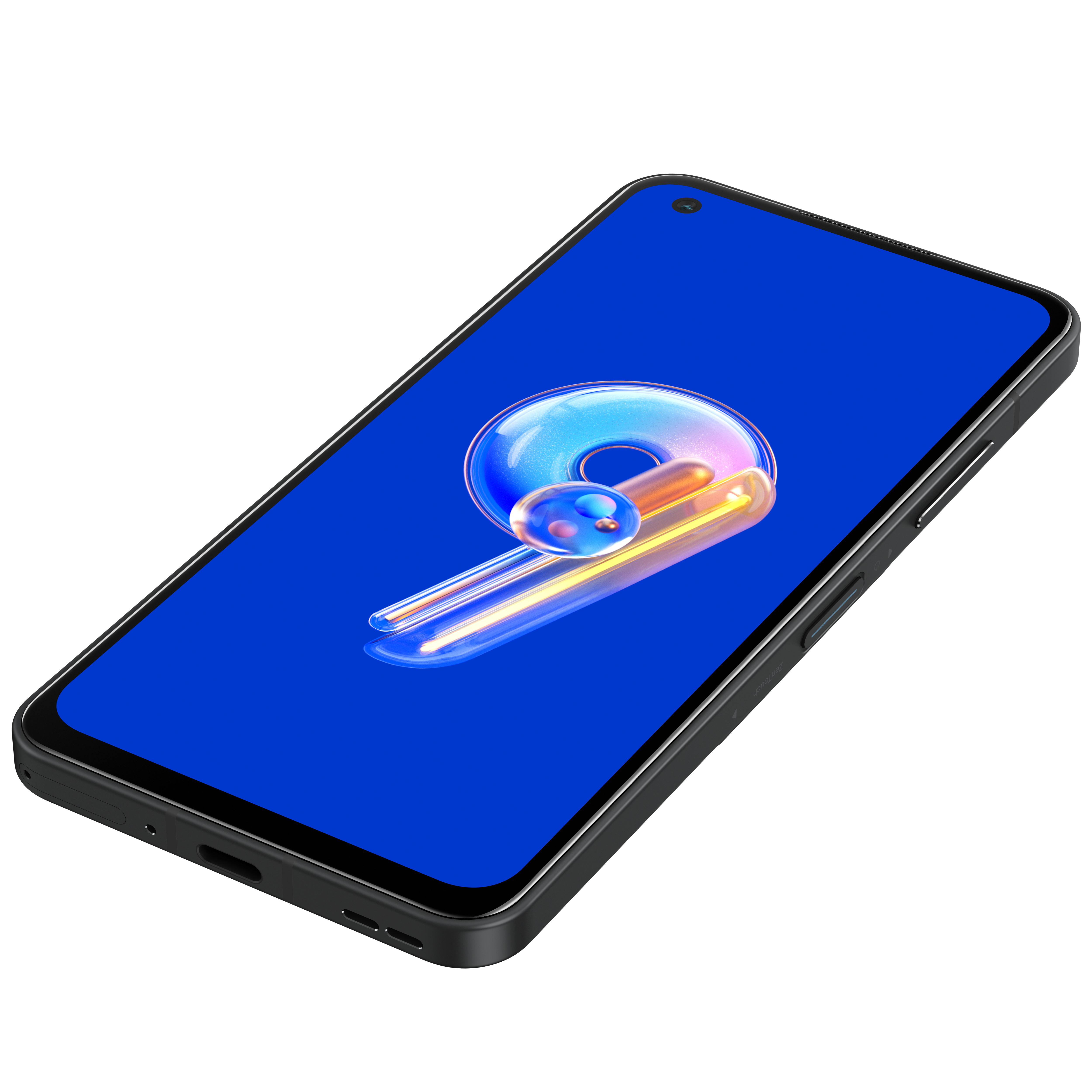 Schräge Ansicht eines schwarzen Telefons. Blauer Bildschirm mit Grafik. Weißer Hintergrund.
