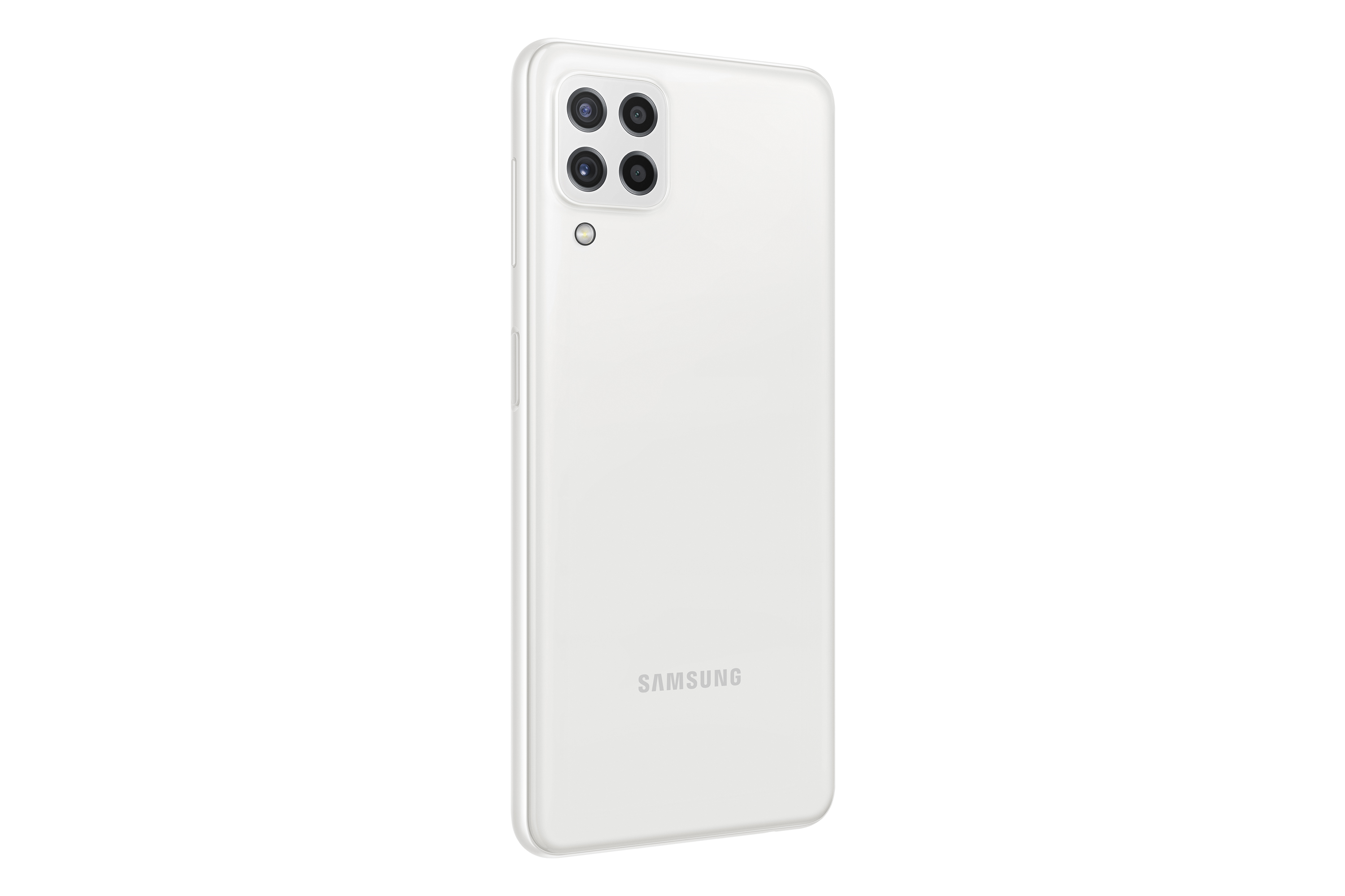 Weißes Smartphone mit vier Rückkameras. Die Marke ist 'SAMSUNG' und ist unten sichtbar.