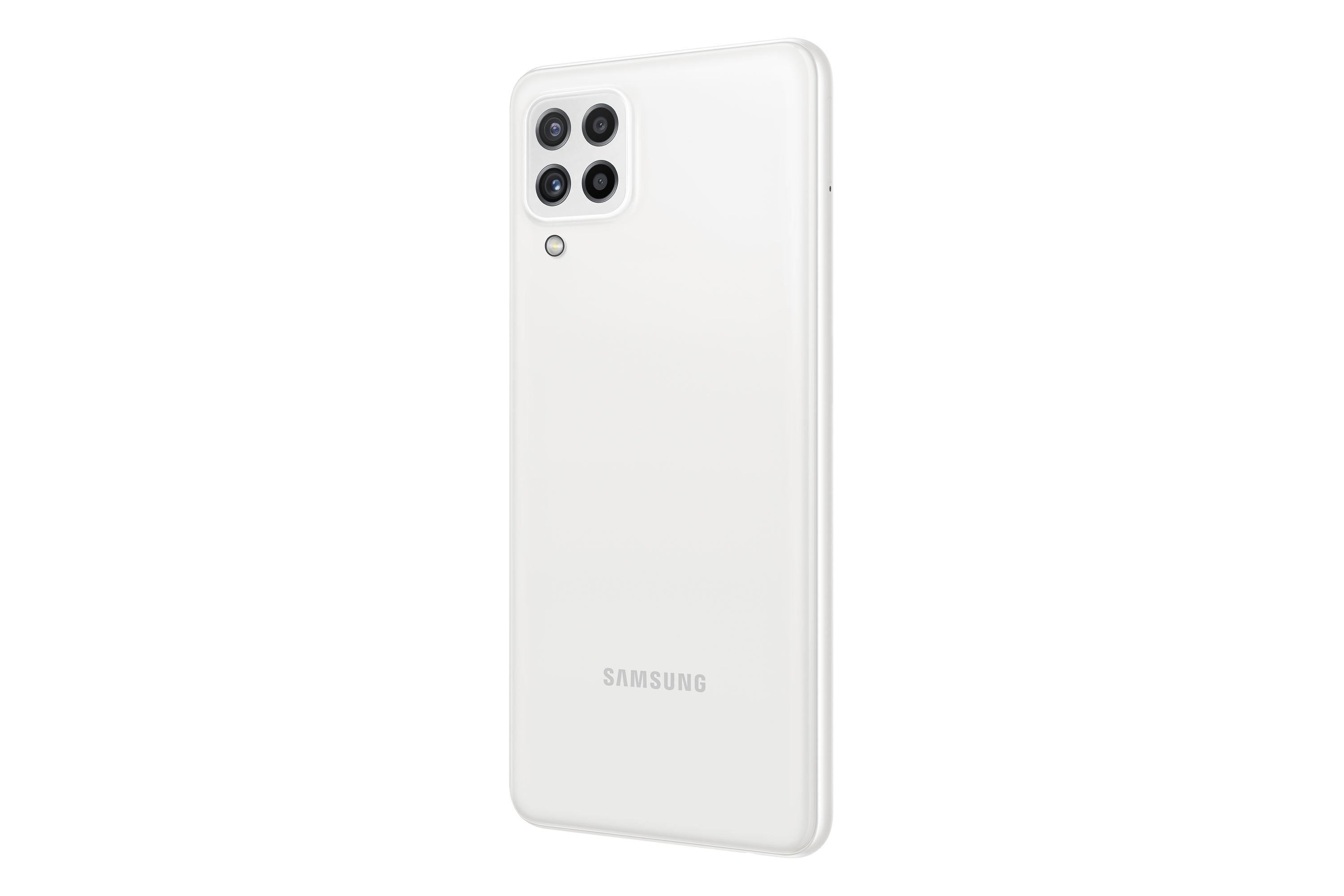 Weiße Telefonrückseite mit vier Kameras und dem Samsung-Logo auf weißem Hintergrund.
