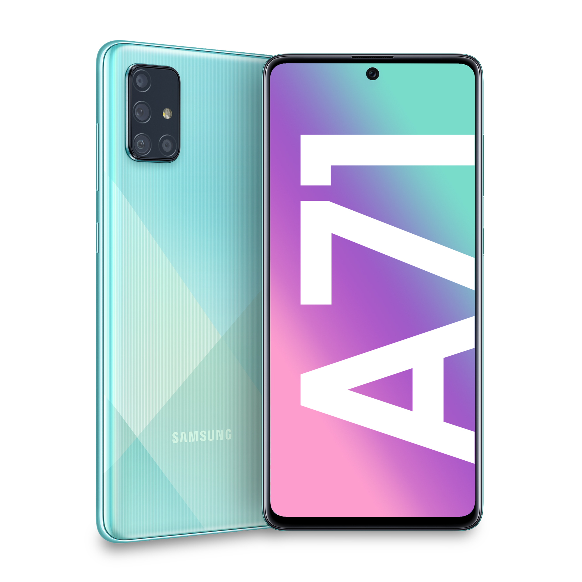 Uno smartphone Samsung Galaxy A71 azzurro, che mostra la vista anteriore e posteriore su sfondo bianco.